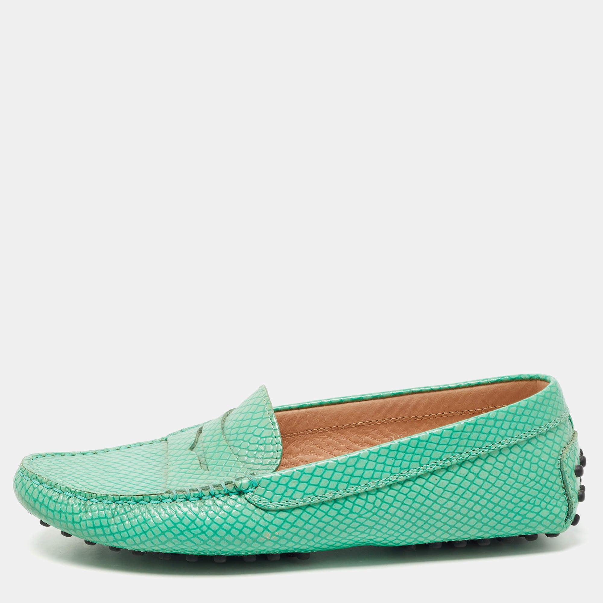 Pre Owned Tod's Green Python Embossed Leather Penny Loafers Size 37