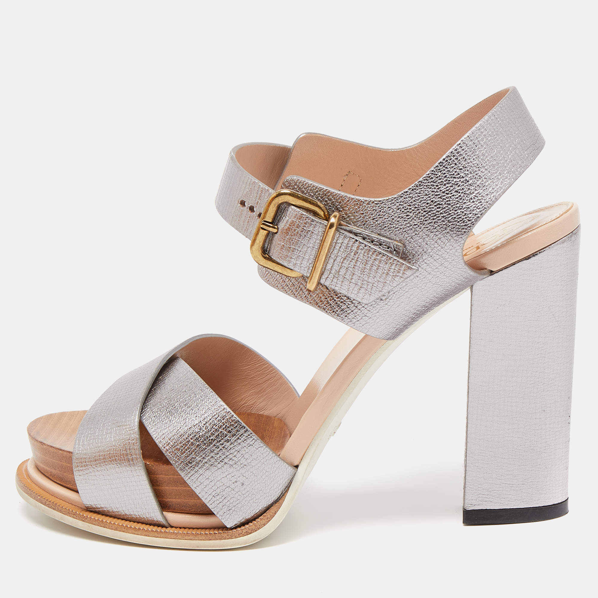 مملوكة مسبقًا Tod's Silver Leather Ankle Strap Sandals Size 37.5