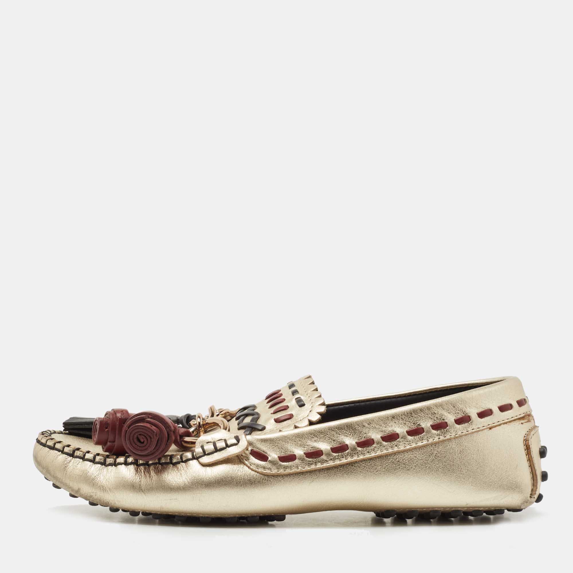 Pre Owned Tod's Gold Leather Fringe and Chain Slip On Loafers Size 38