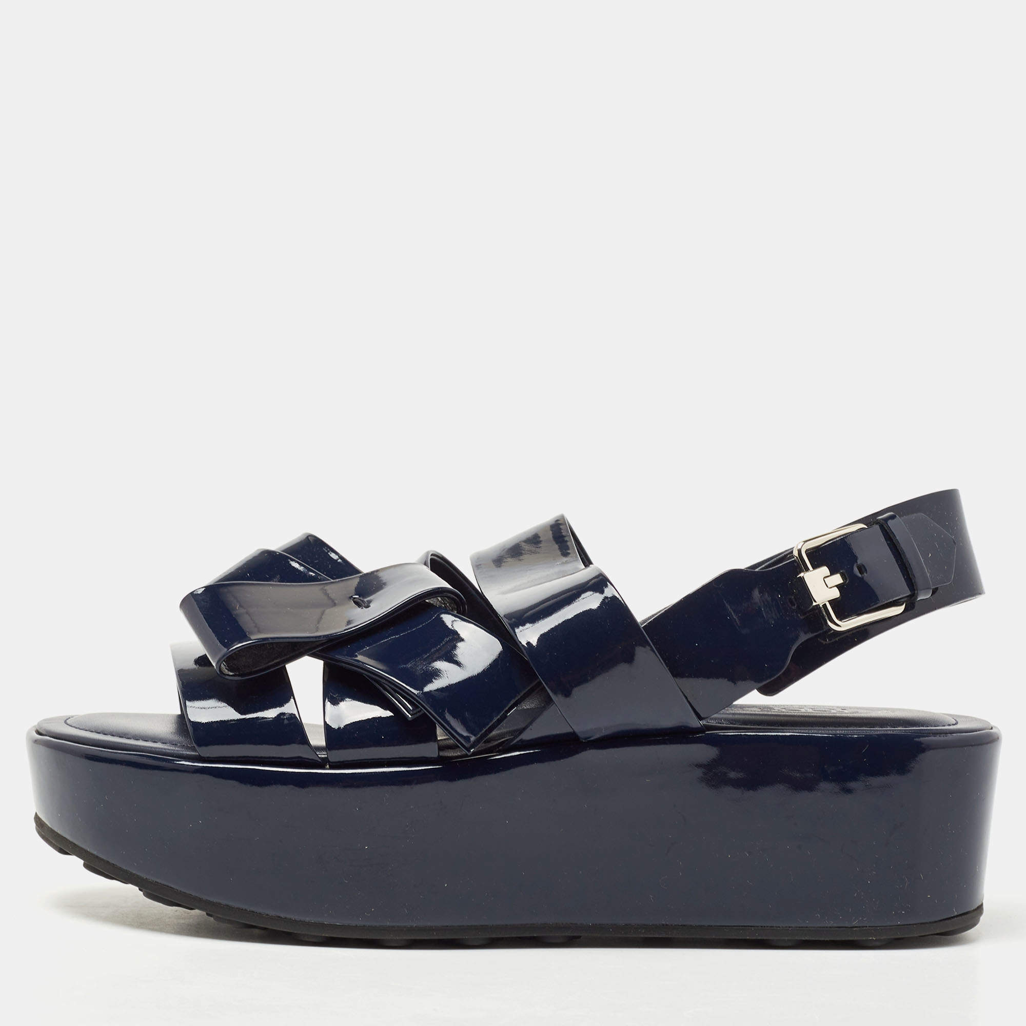 Pre Owned Tod's Dark Blue Patent Leather Bow Wedge Platform Slingback Sandals Size 40