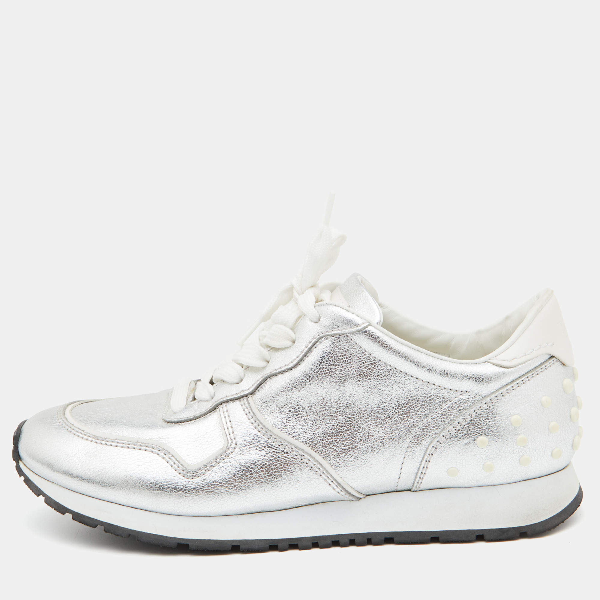 Pre Owned Tod's Silver Leather Allaciata Sneakers Size 39.5