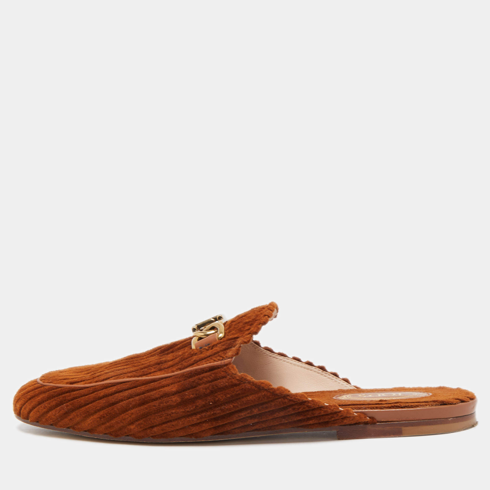Pre Owned Tod's Brown Corduroy Fabric Flat Mules Size 40