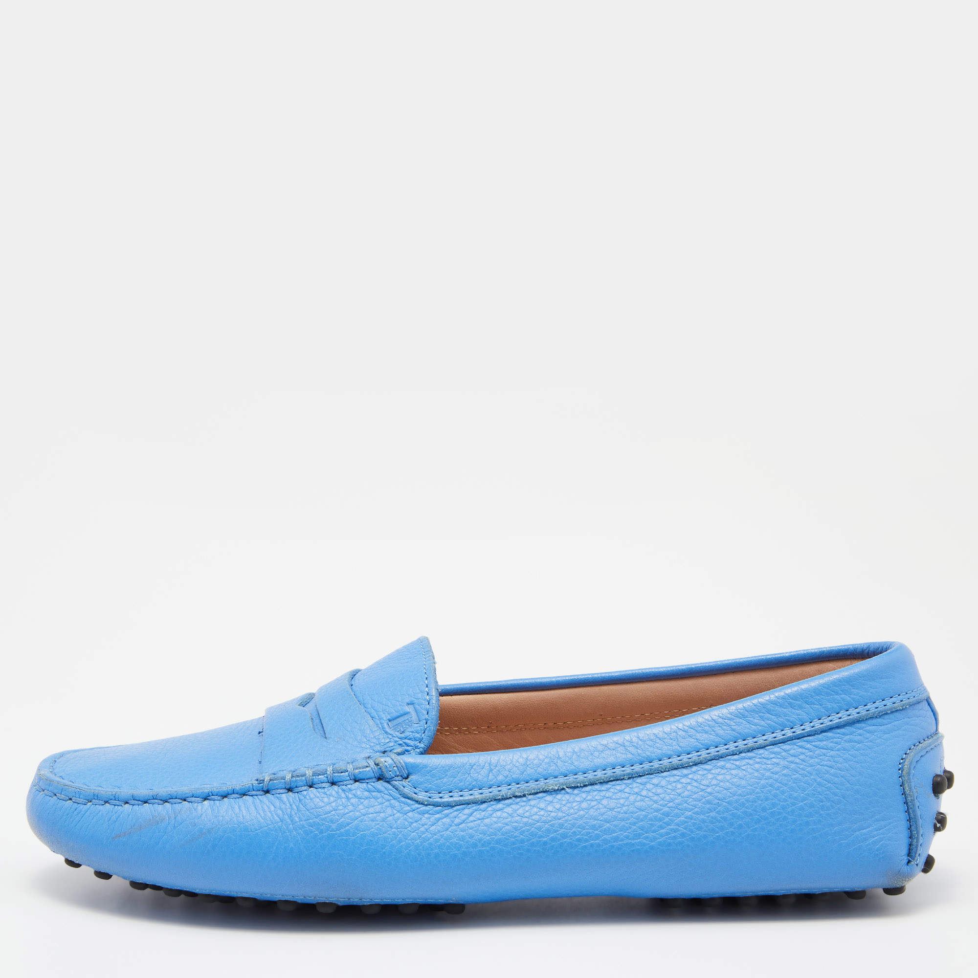 Pre Owned Tod's Blue Leather Gommino Slip On Loafers Size 37