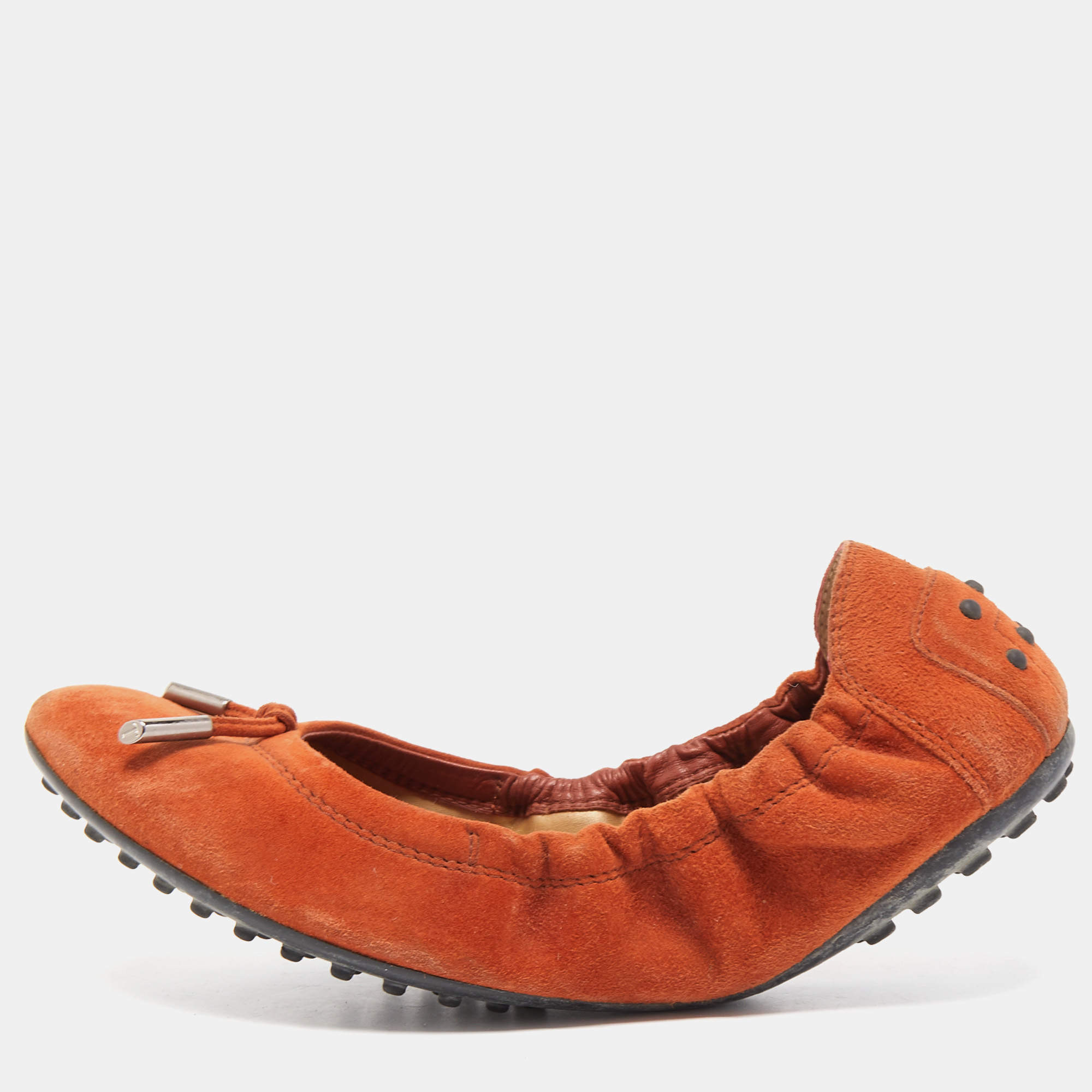 Pre Owned Tod's Orange Suede Scrunch Ballet Flats Size 38.5