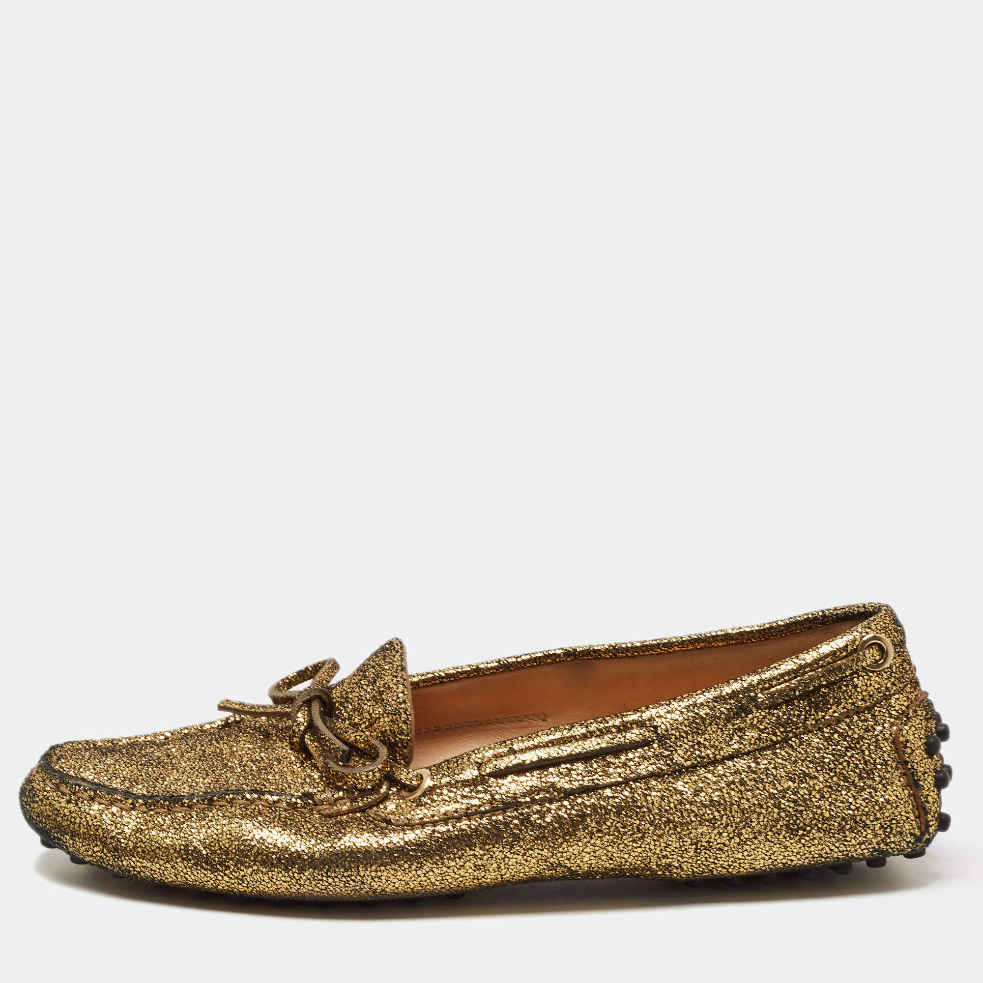 Pre Owned Tod's Metallic Gold Foil Leather Gommino Bow Slip On Loafers Size 37