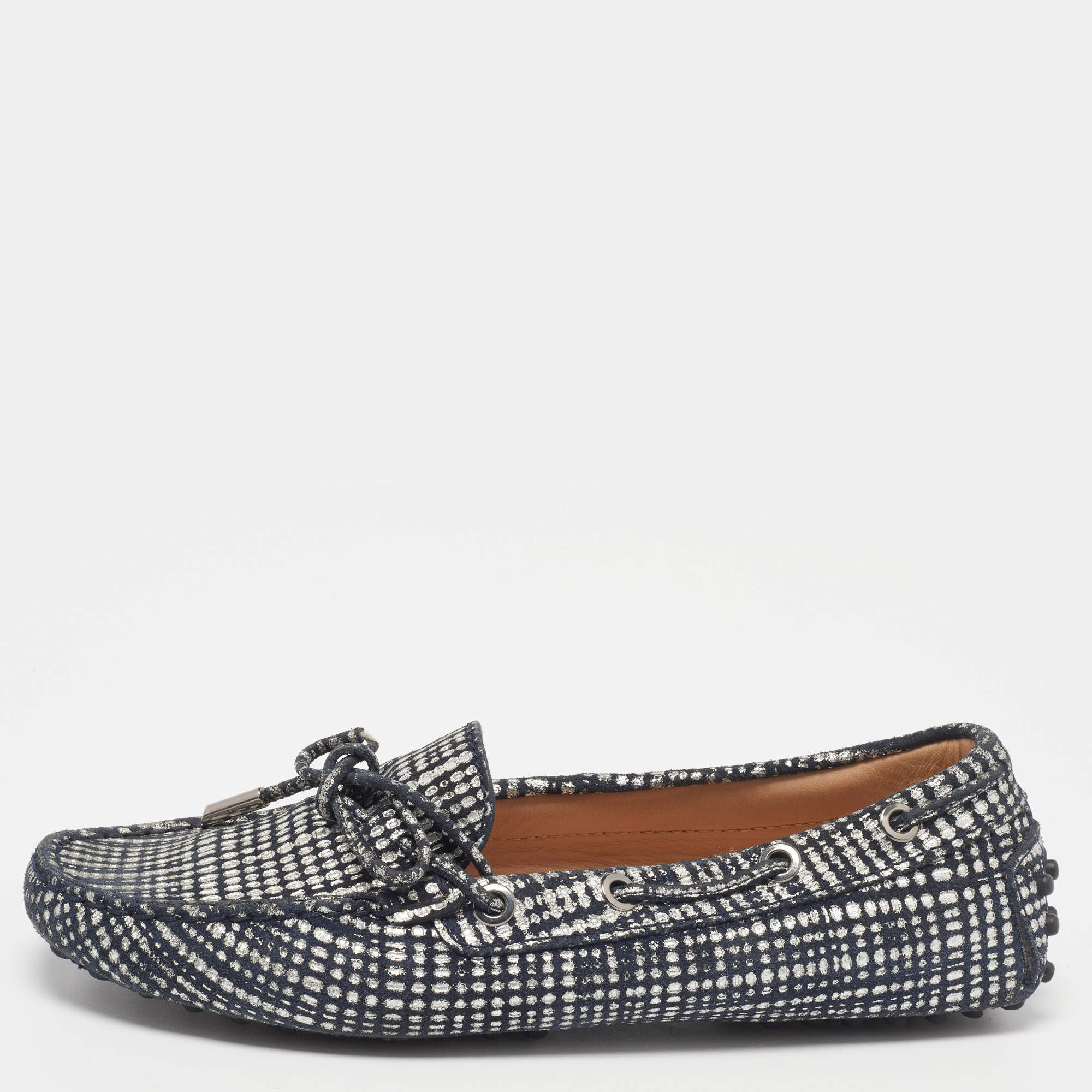 Pre Owned Tod's Silver/Black Textured Suede Bow Loafers Size 36