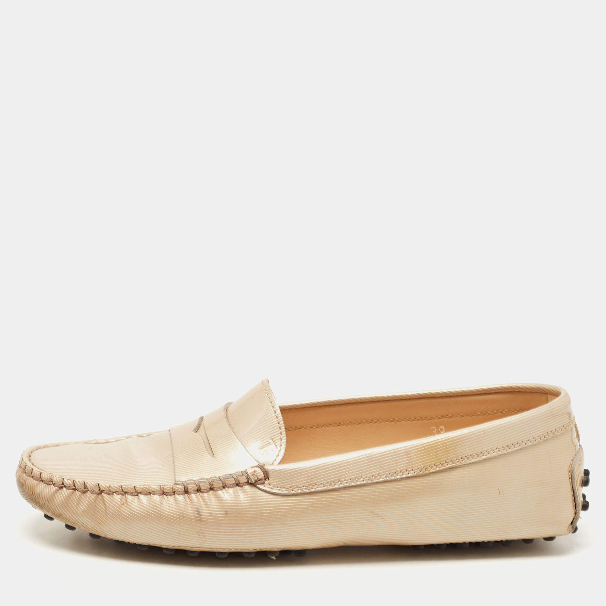 Pre Owned Tod's Beige Textured Patent Leather Penny Loafers Size 39