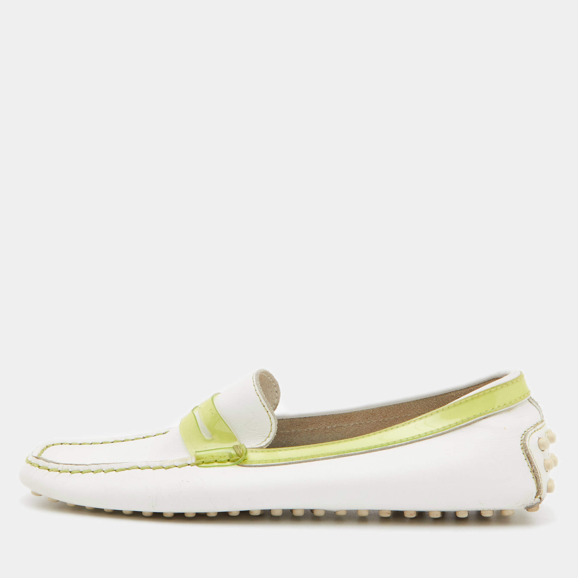 Tod's White/Green Leather and PVC Penny Loafers Size 36