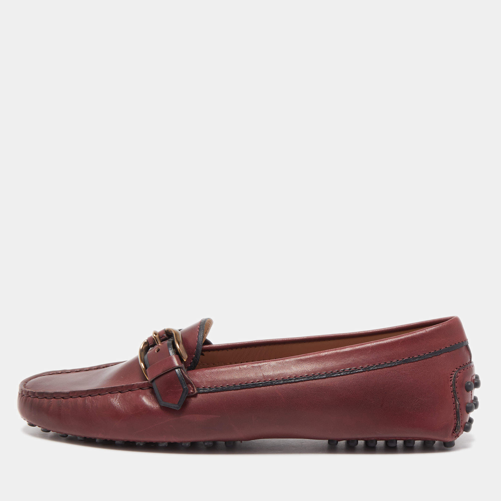 Pre Owned Tod's Burgundy Leather Slip On Loafers Size 39