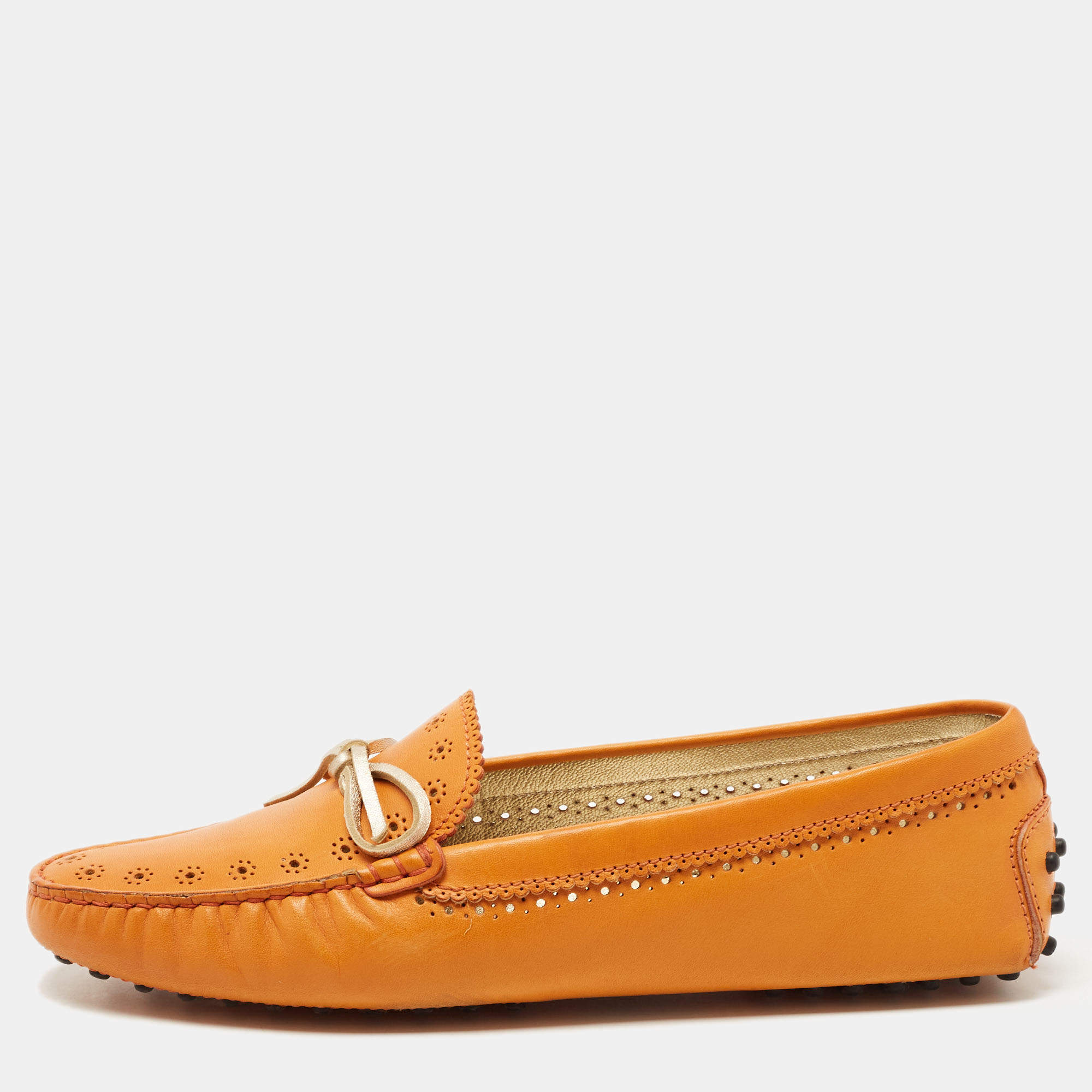 Pre Owned Tod's Orange Perforated Leather Bow Slip On Loafers Size 40.5