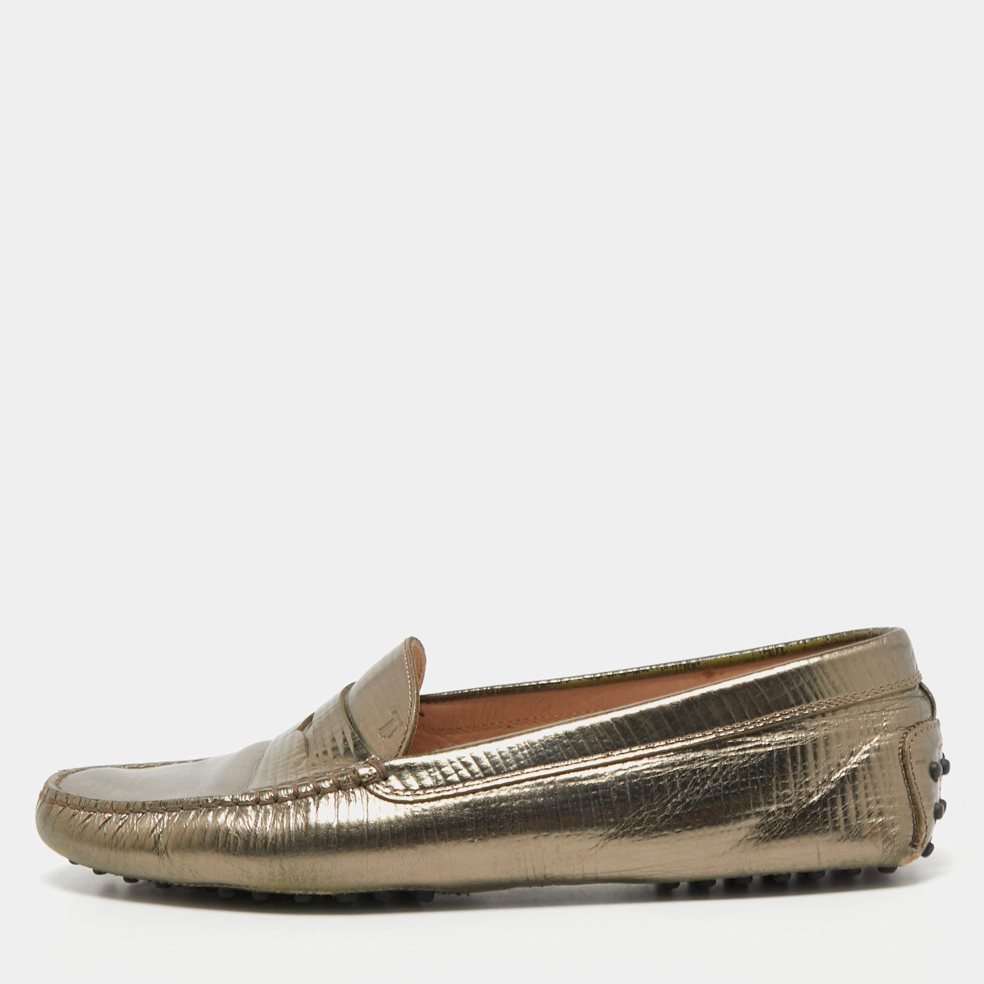 Pre Owned Tod's Metallic Leather Penny Loafers Size 41