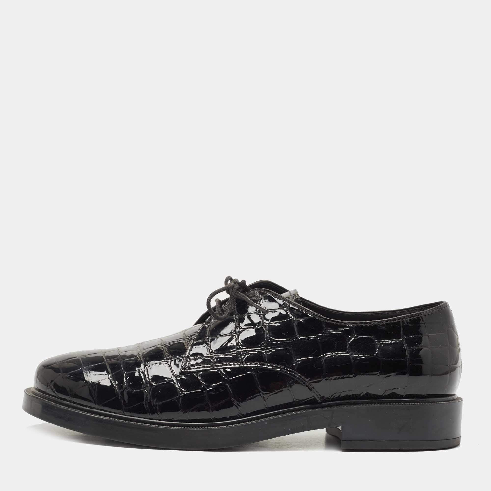 Tod's Black Croc Embossed Patent Leather Lace Up Derby Size 39