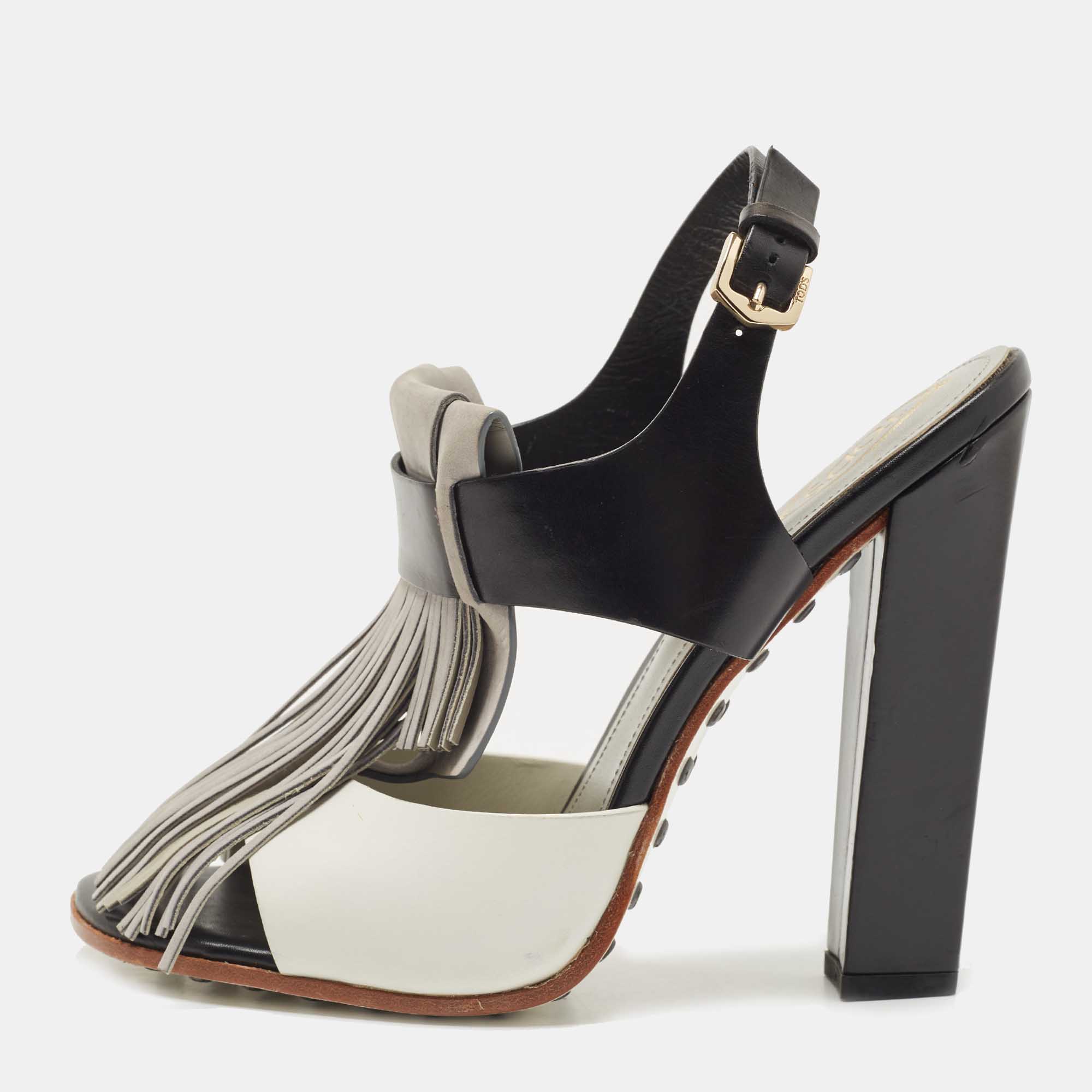 مملوكة مسبقًا Tod's Tricolor Leather and Suede Fringe Detail Slingback Sandals Size 38