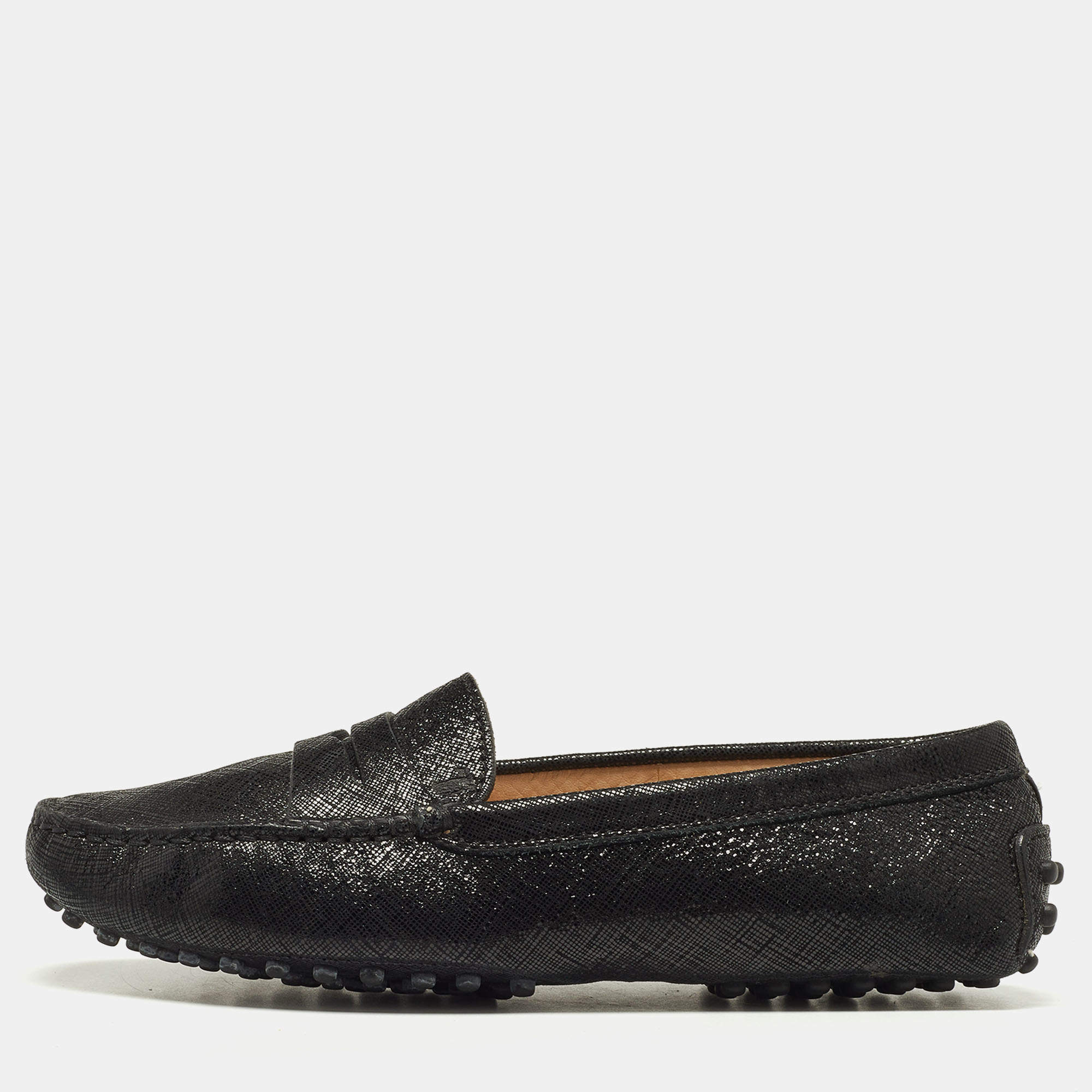 Pre Owned Tod's Black Laminated Suede Penny Loafers Size 35