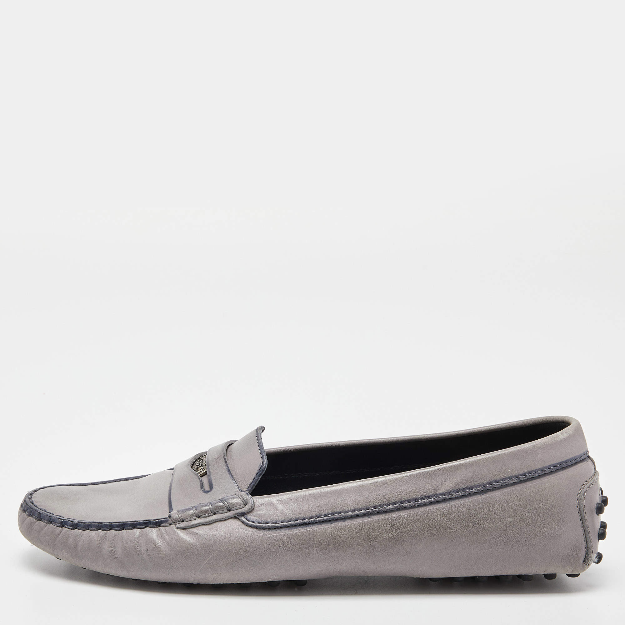 Pre Owned Tod's Grey/Blue Leather Penny Driving Loafers Size 39.5