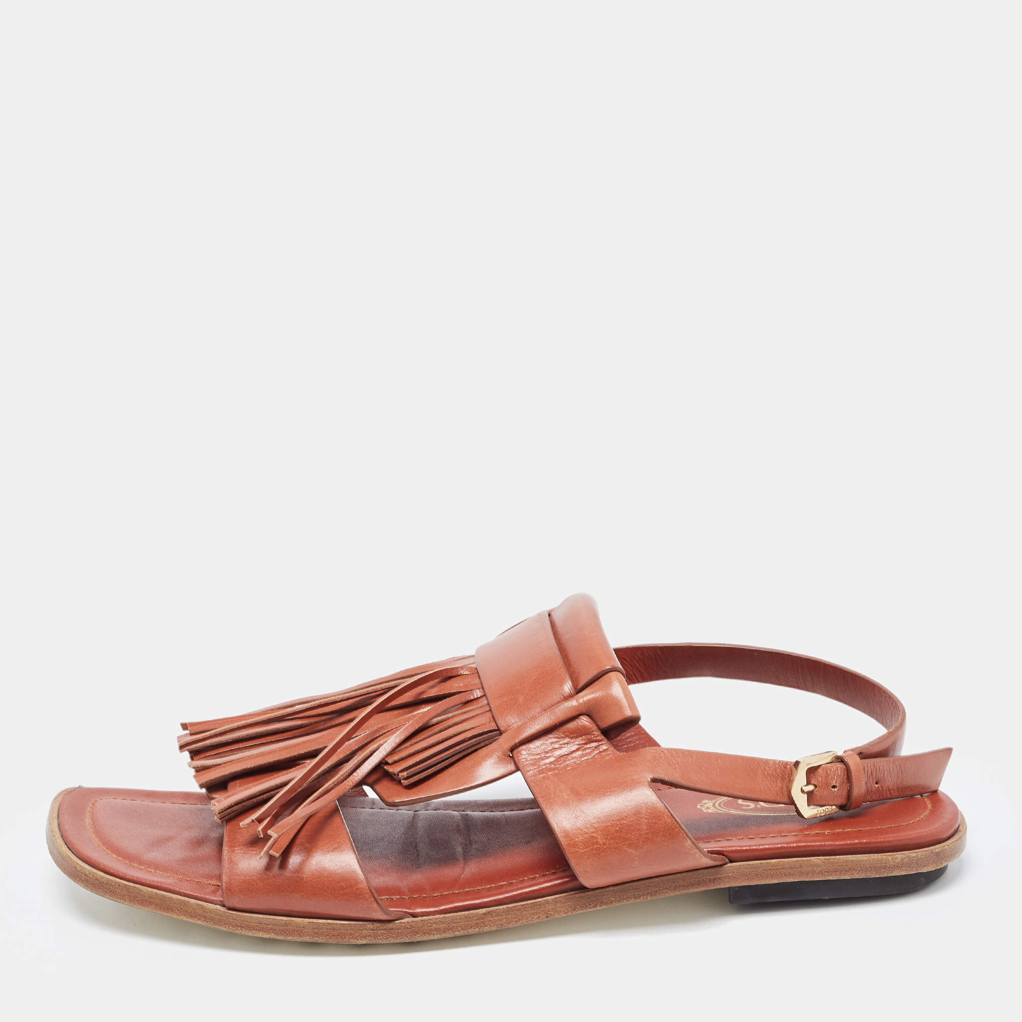 Pre Owned Tod's Brown Leather Fringe Trim Accent Gladiator Sandals Size 40