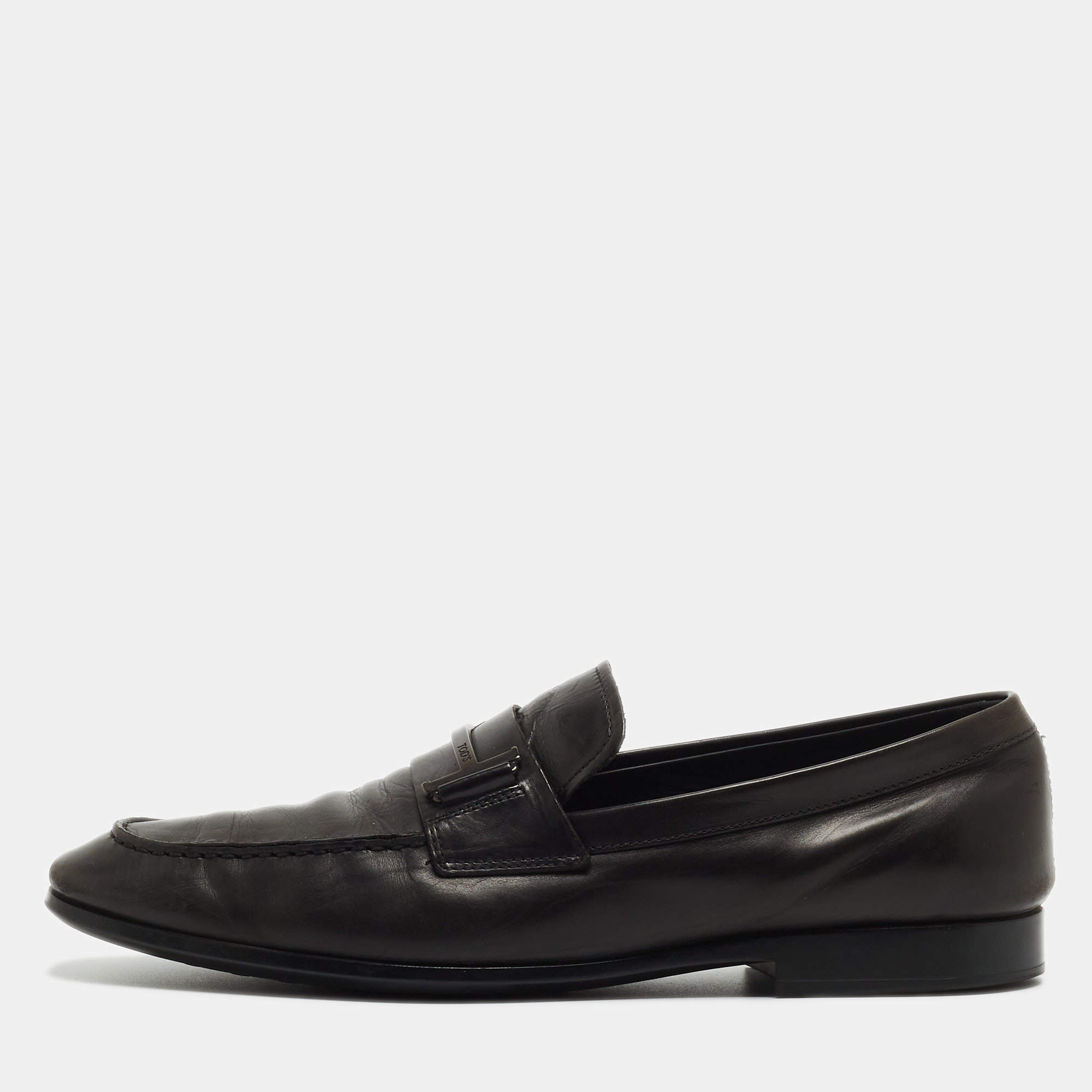 Pre Owned Tod's Black Leather Double T Slip On Loafers Size 44