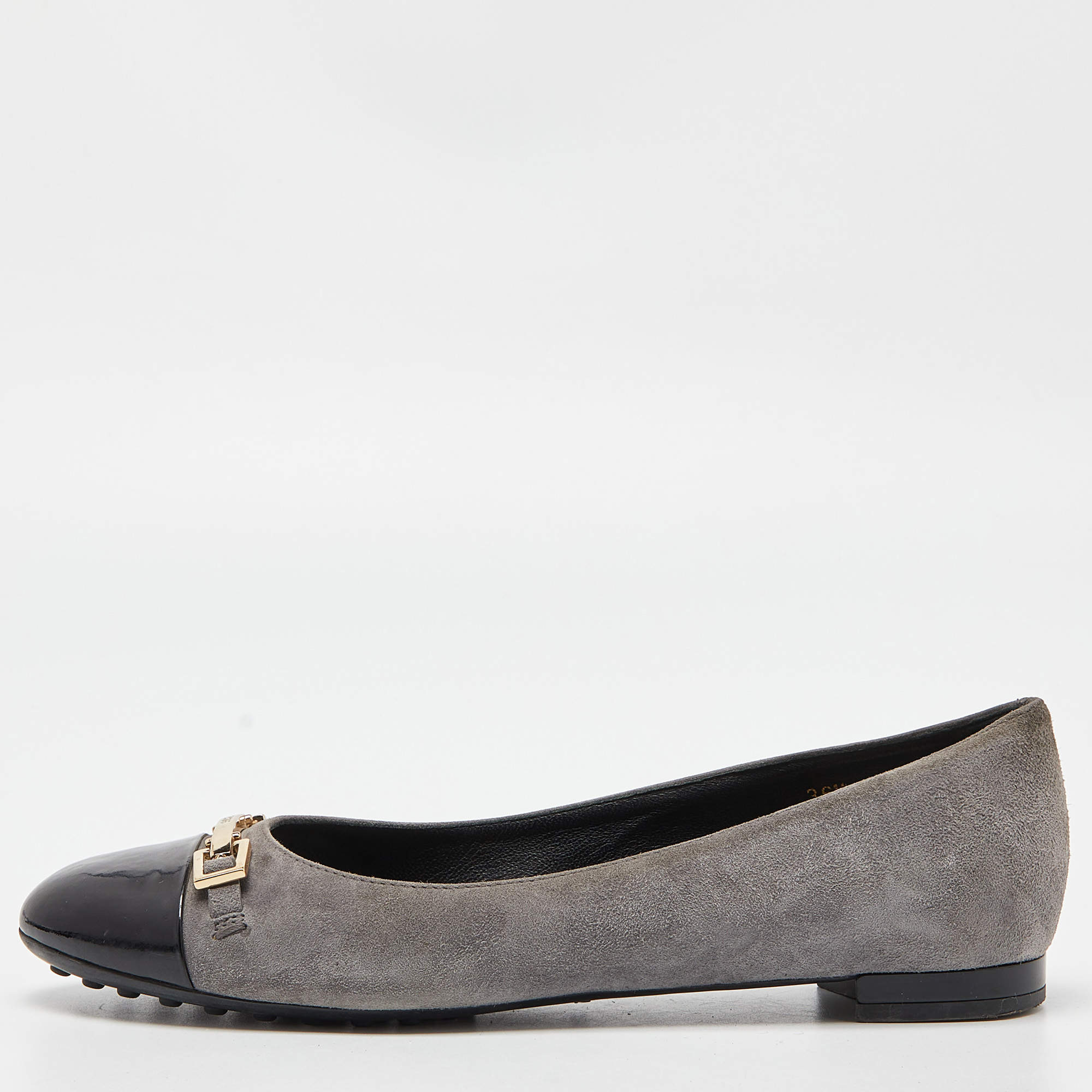 Tod’s Grey/Black Suede and Patent Leather Buckle Detail Ballet Flats Size 36.5