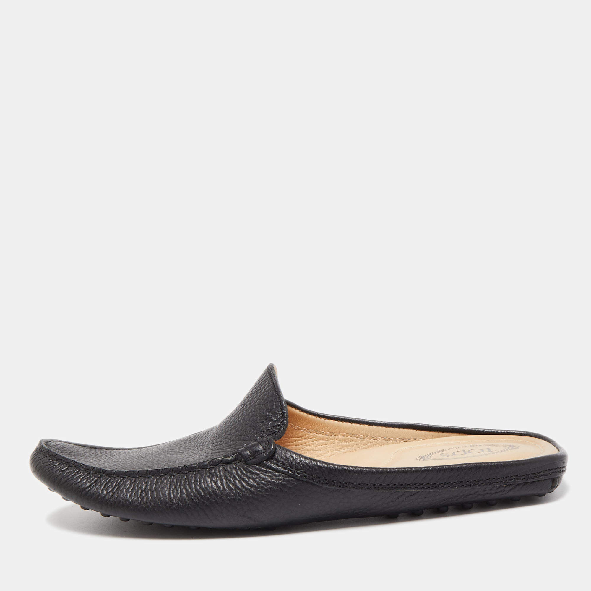 Pre Owned Tod's Black Leather Flat Loafer Mules Size 39