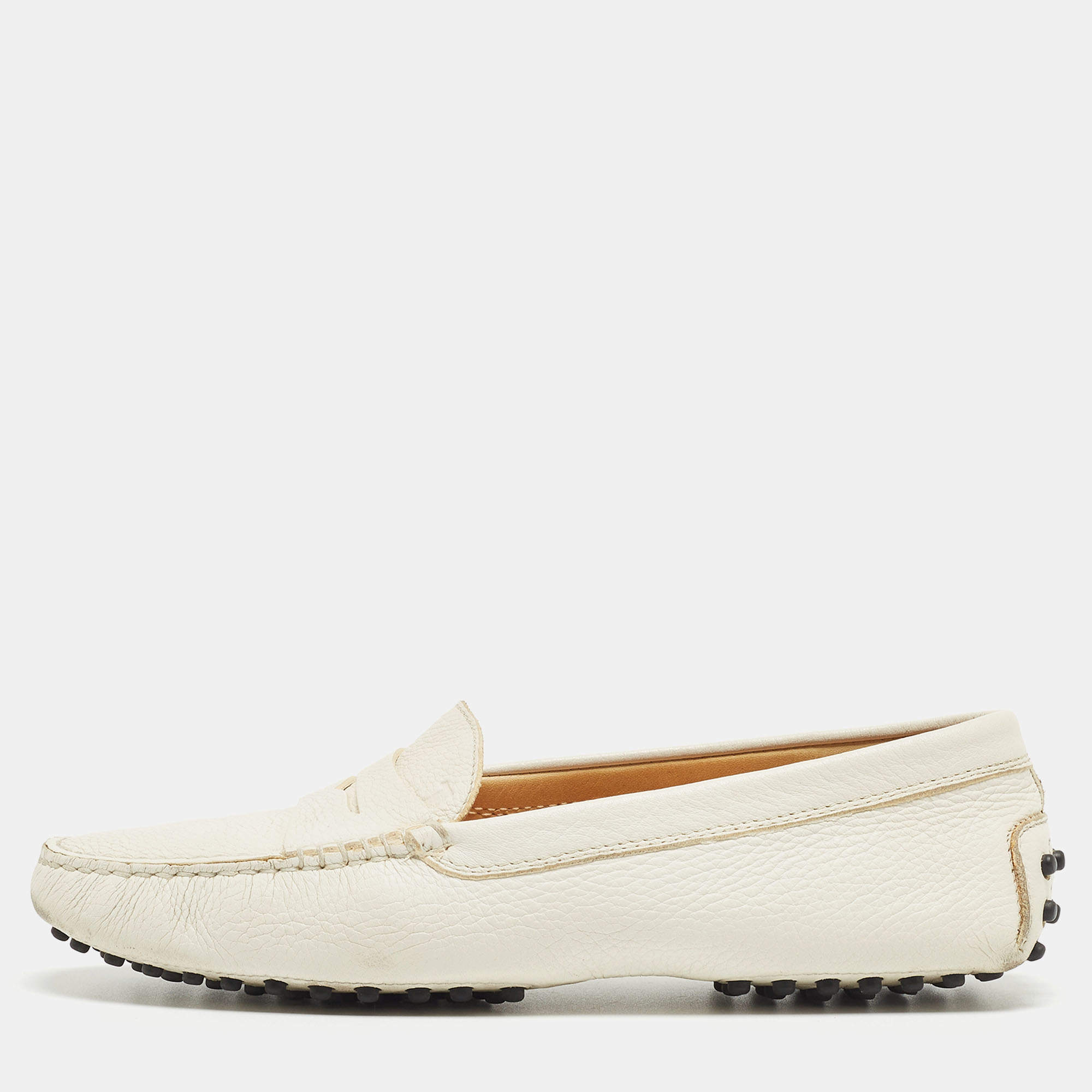 Pre Owned Tod's Cream Leather Gommino Slip On Loafers Size 39