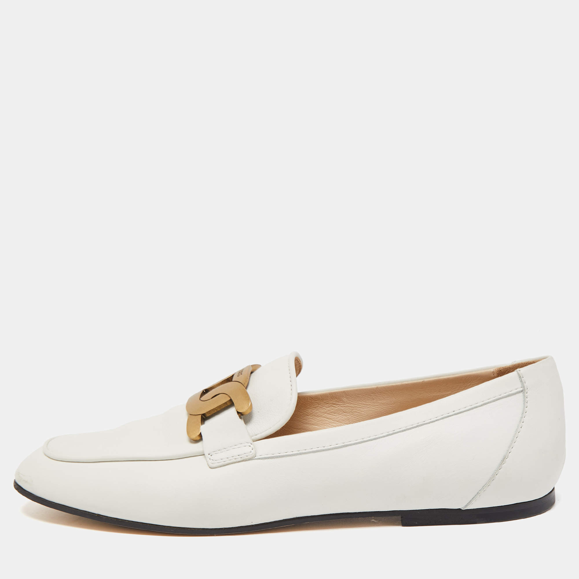 Pre Owned Tod's Off White Leather Kate Chain Slip On Loafers Size 39.5