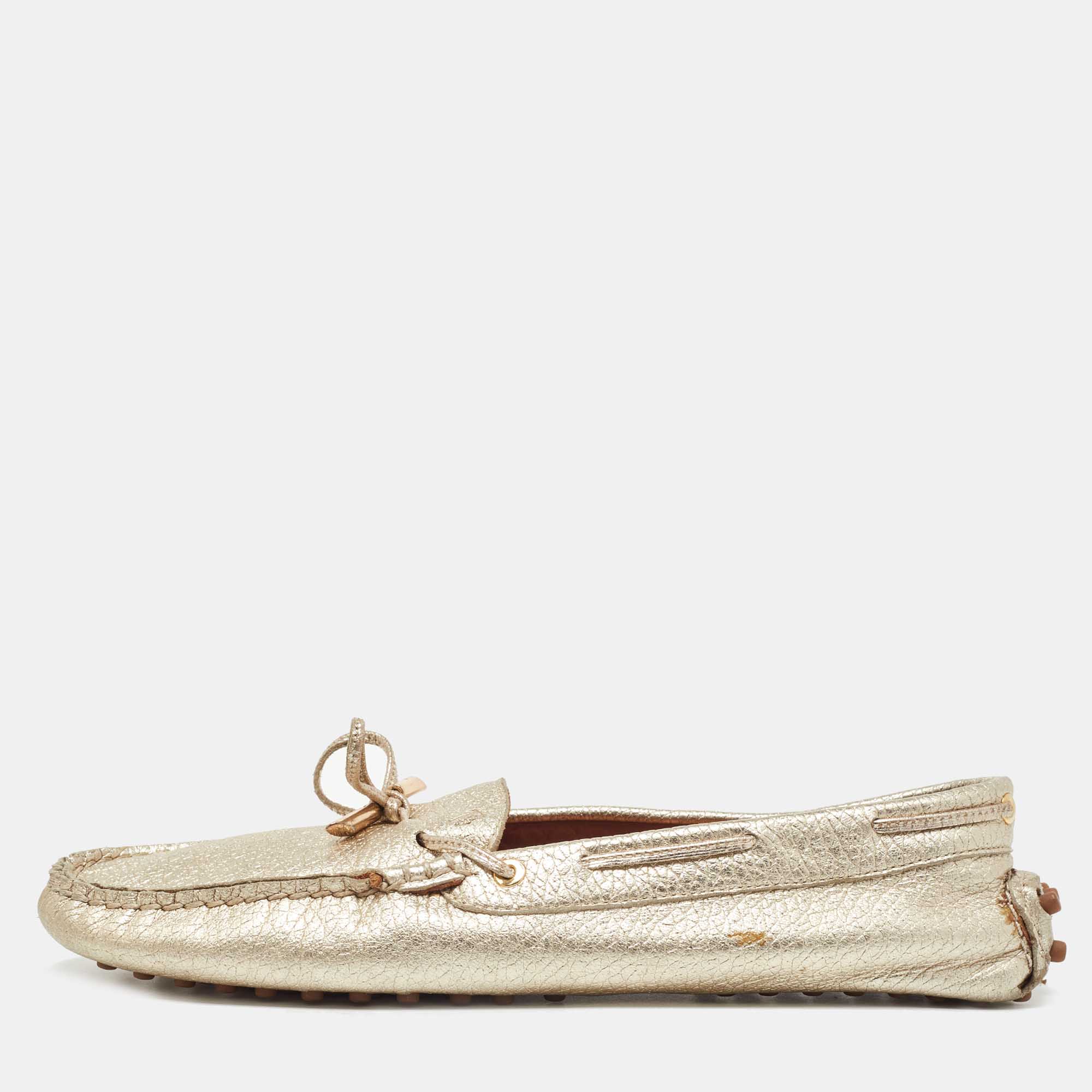 Pre Owned Tod's Gold Leather Bow Loafers Size 39