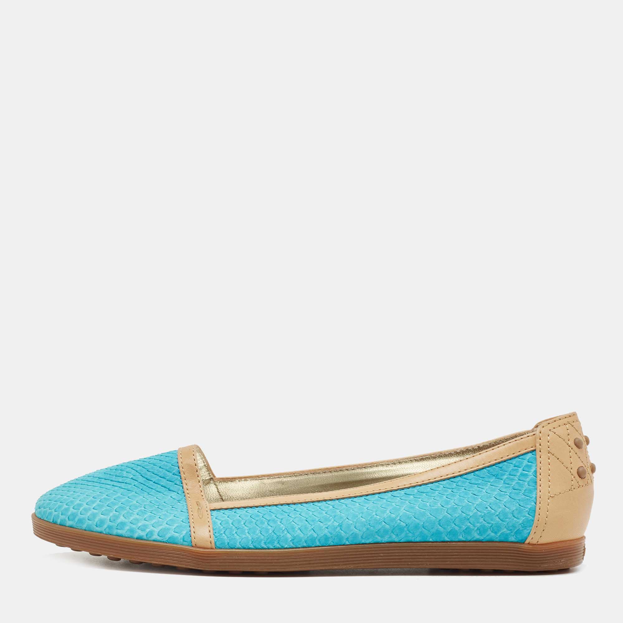 Pre Owned Tod's Blue/Brown Snakeskin And Leather Ballet Flats Size 37.5