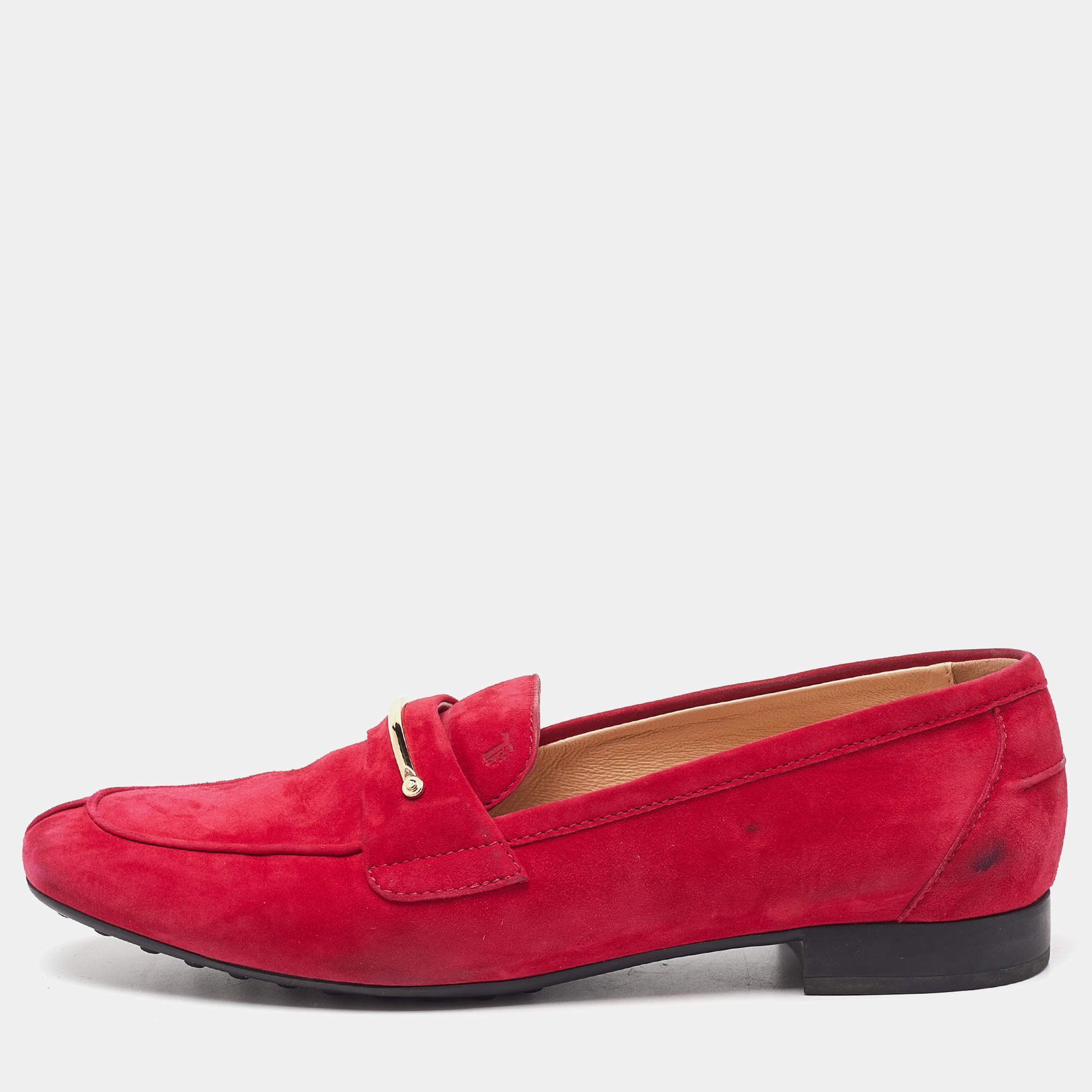 Pre Owned Tod's Red Suede Loafers Size 38