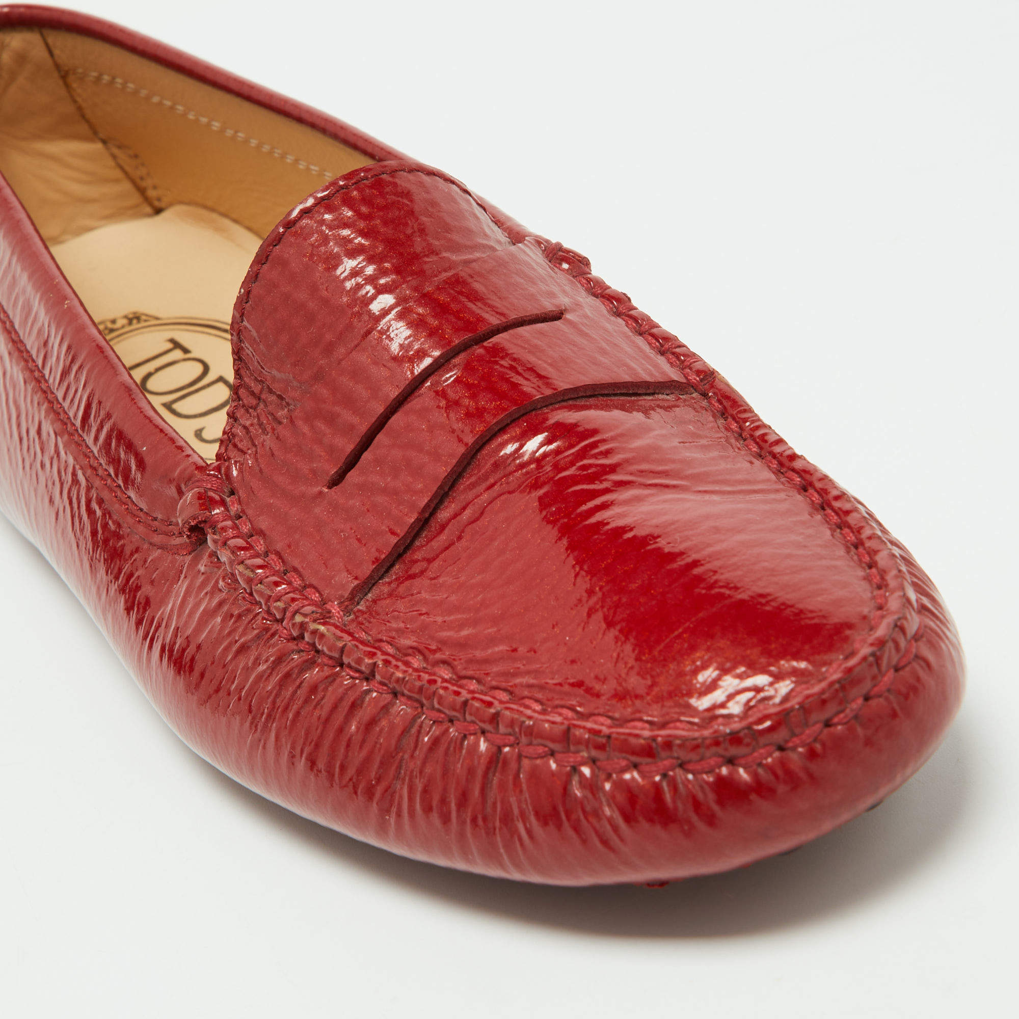 Pre Owned Tod's Red Patent Leather Penny Loafers Size 36