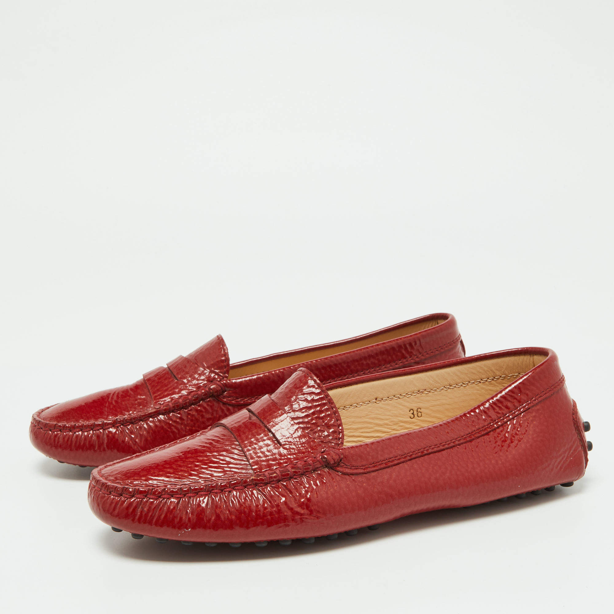 Pre Owned Tod's Red Patent Leather Penny Loafers Size 36
