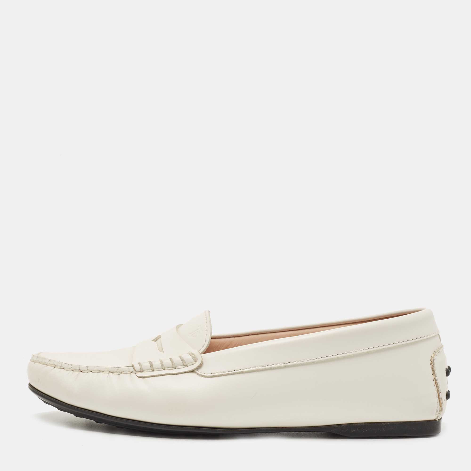 Pre Owned Tod's White Leather Penny Loafers Size 36.5