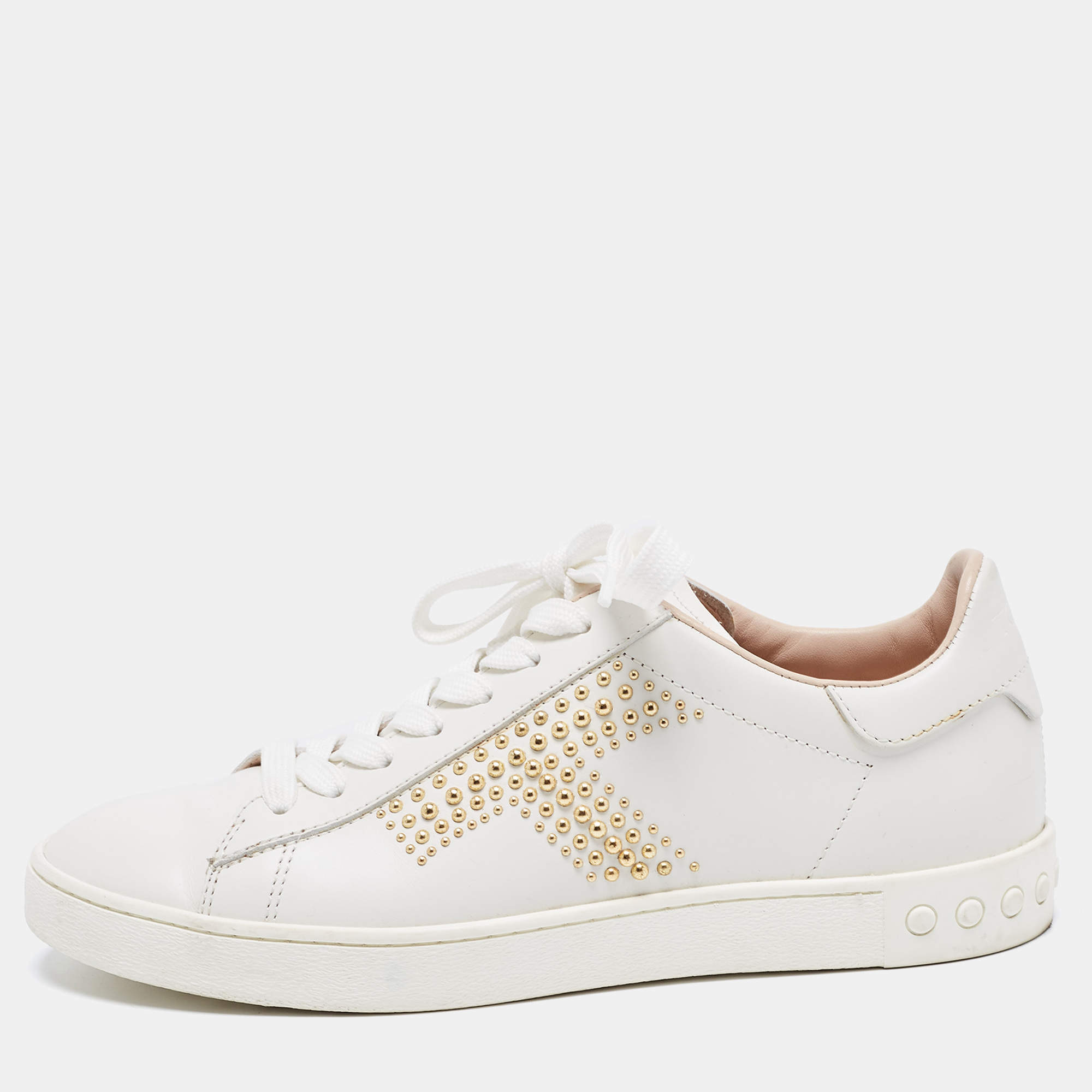 Pre Owned Tod's White Leather Studded T Low Top Sneakers Size 36