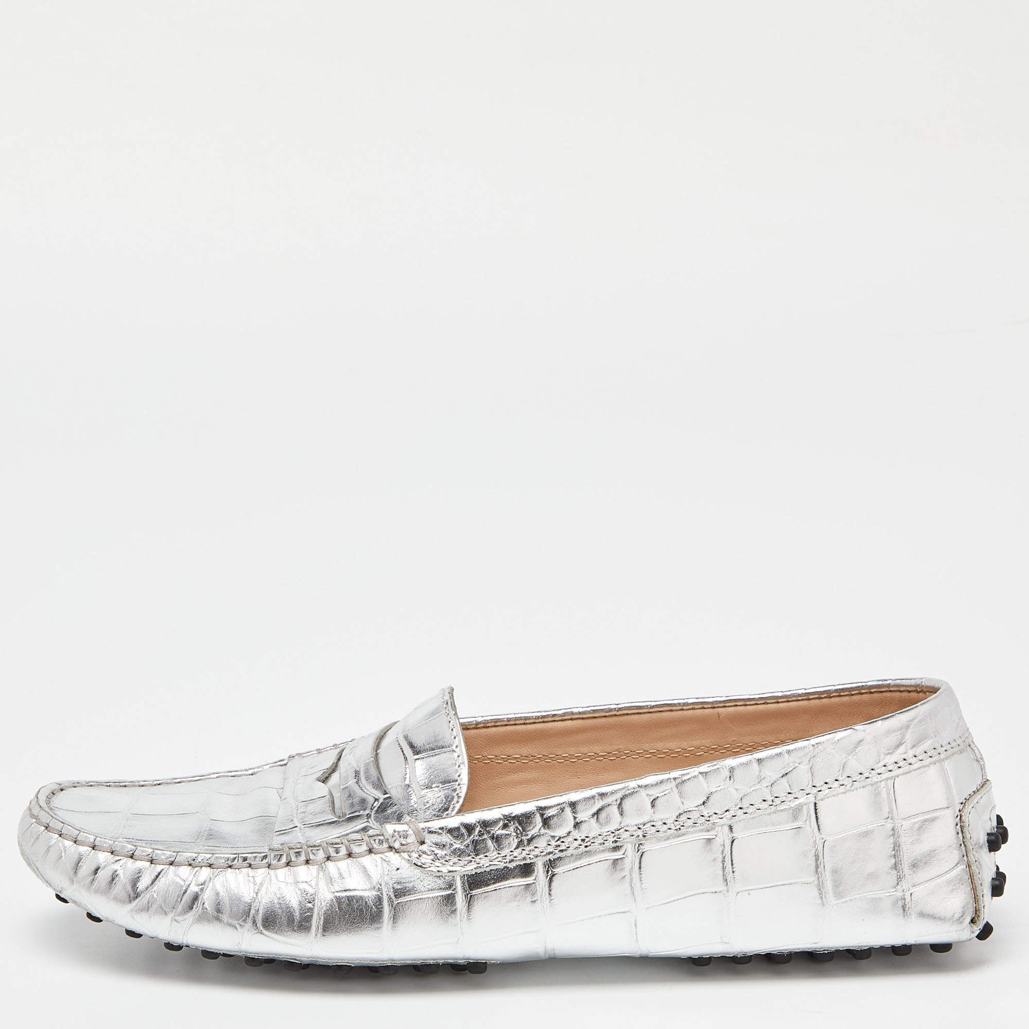 Pre Owned Tod's Silver Croc Embossed Leather Slip On Loafers Size 39.5