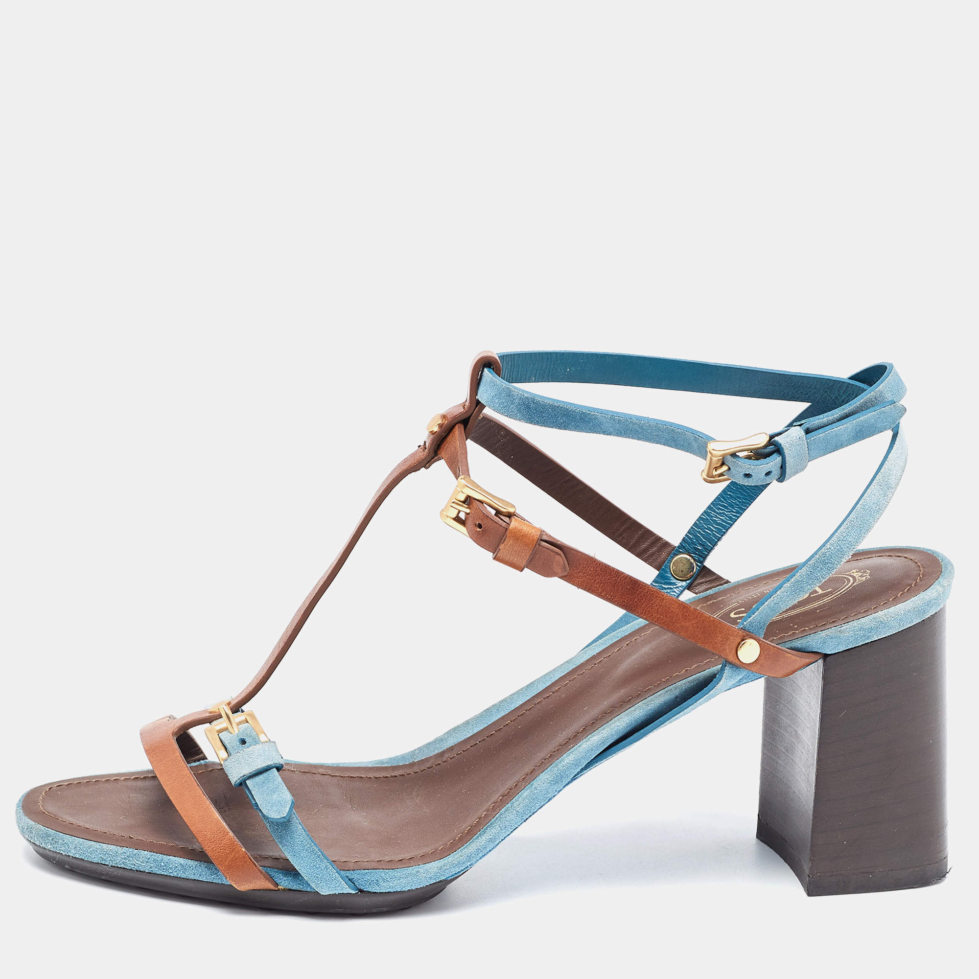 مملوكة مسبقًا Tod's Blue/Brown Leather and Suede Buckle Cross Strap Sandals Size 39