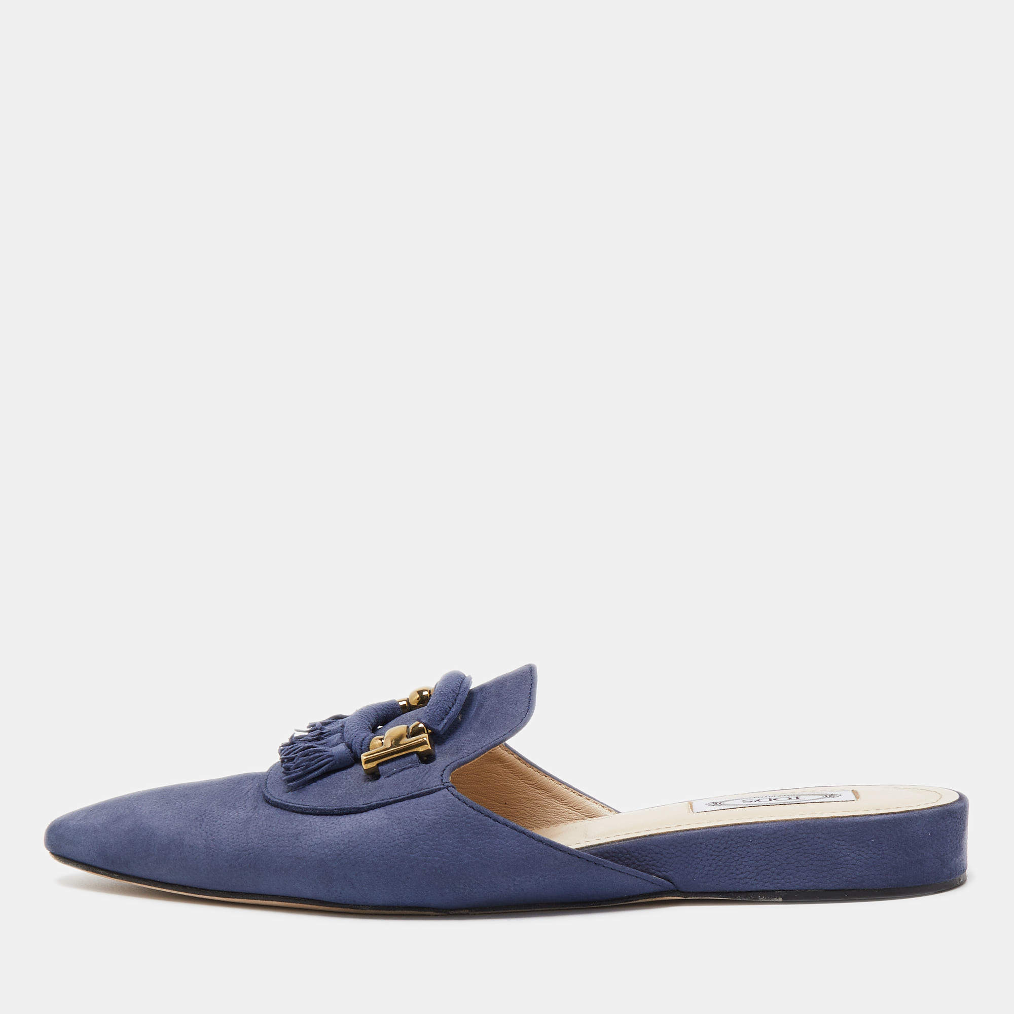 Pre Owned Tod's Blue Leather Tassel Detail Mules Size 40