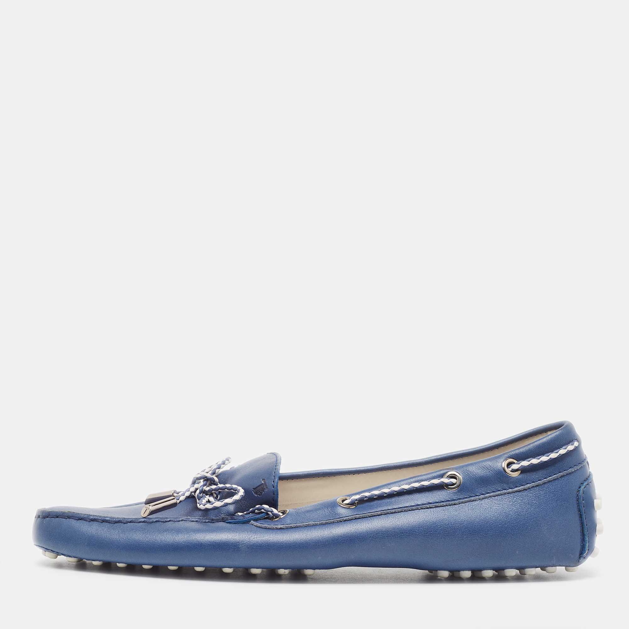 Pre Owned Tod's Blue Leather Bow Slip On Loafers Size 41