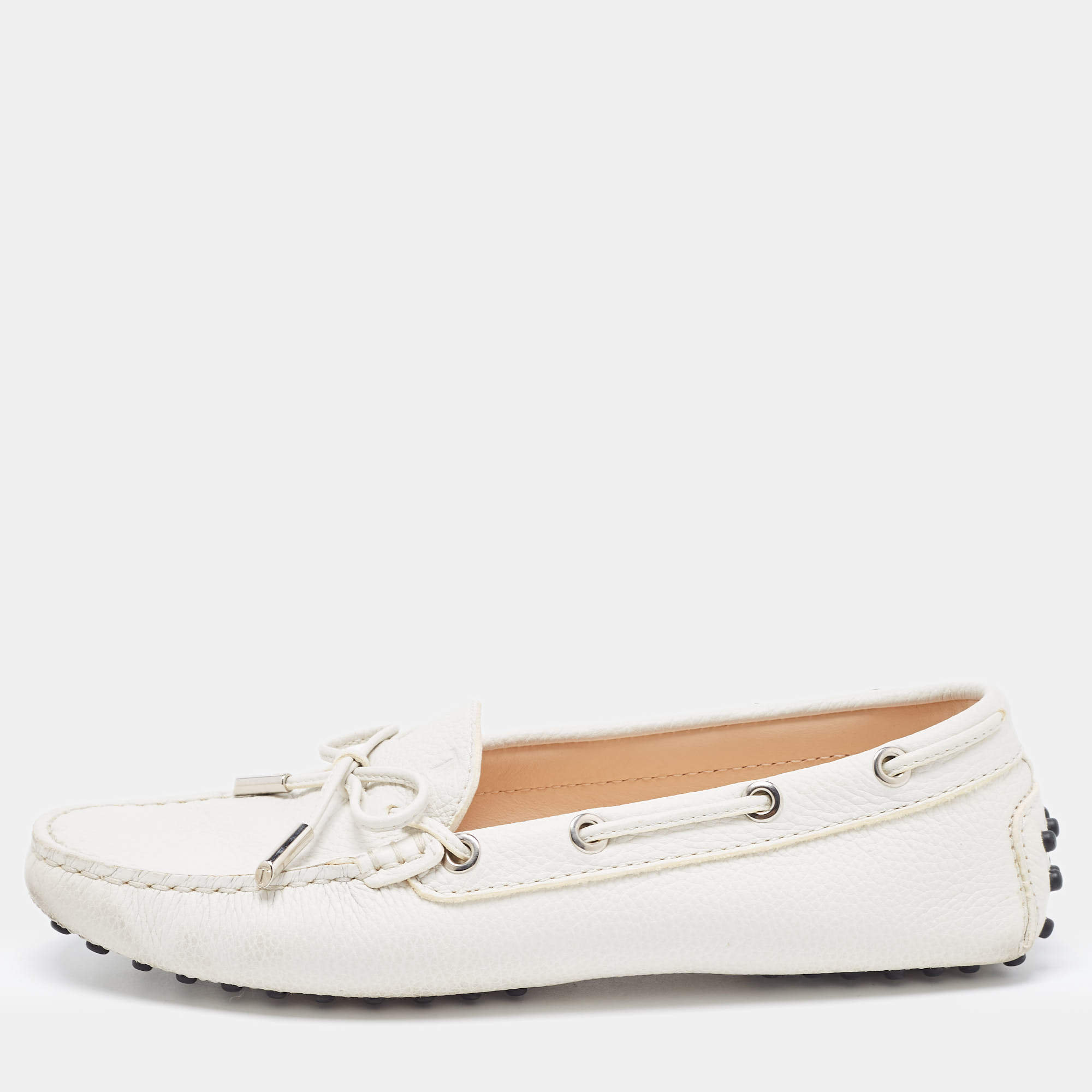 Pre Owned Tod's White Leather Bow Slip On Loafers Size 36.5
