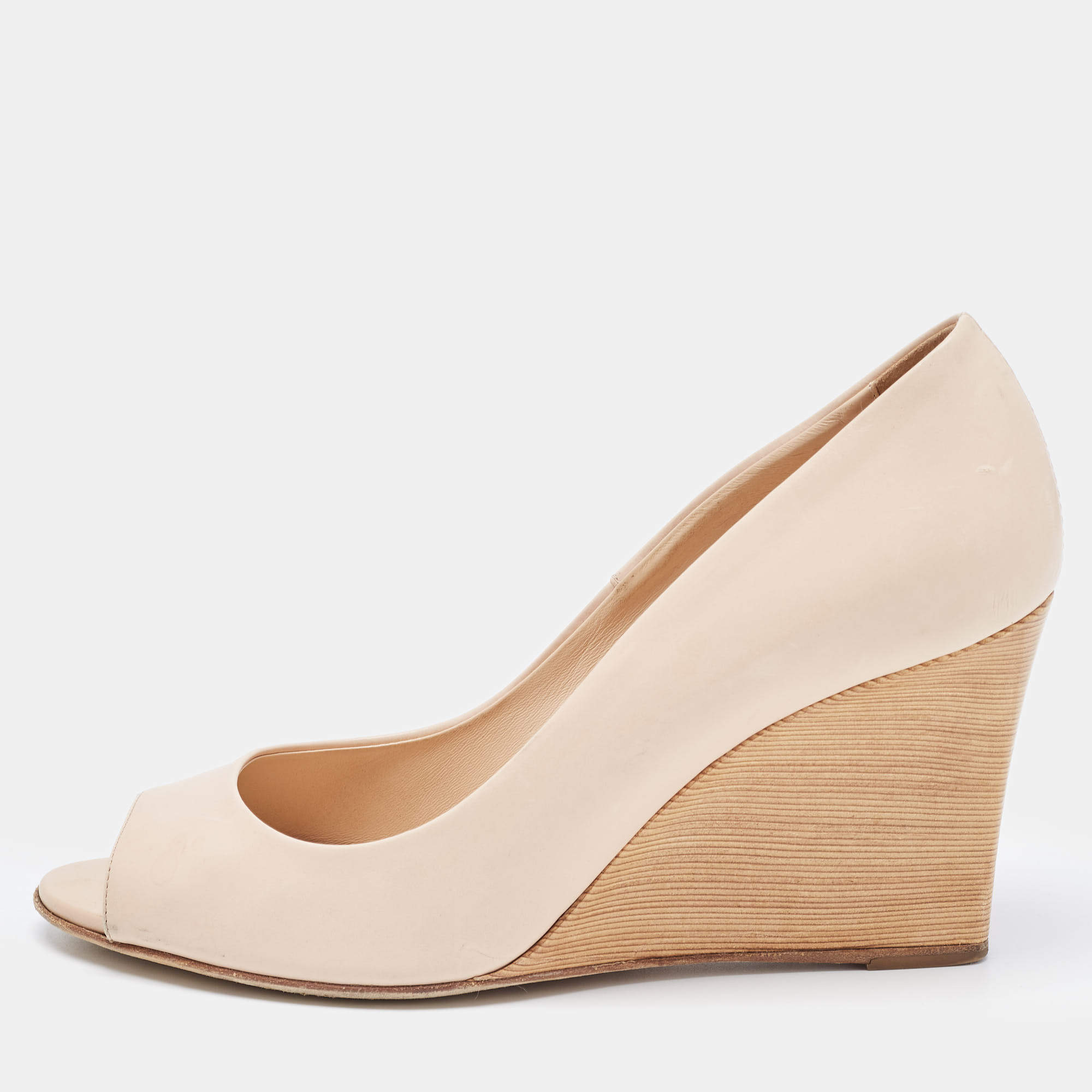 Pre Owned Tod's Pink Leather Peep Toe Wedge Pumps Size 37.5