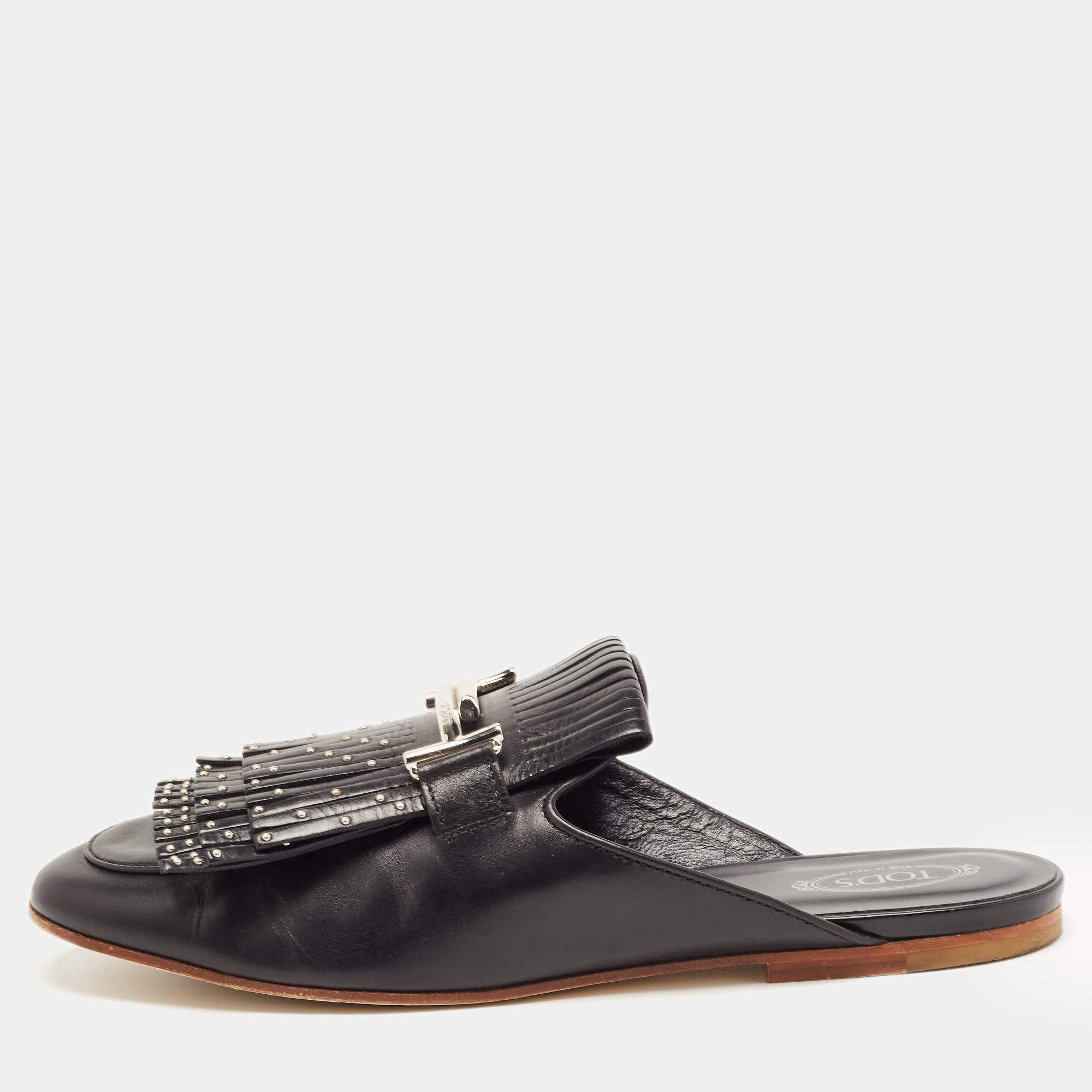 Pre Owned Tod's Black Studded Leather Double T Buckle Flat Mules Size 40 