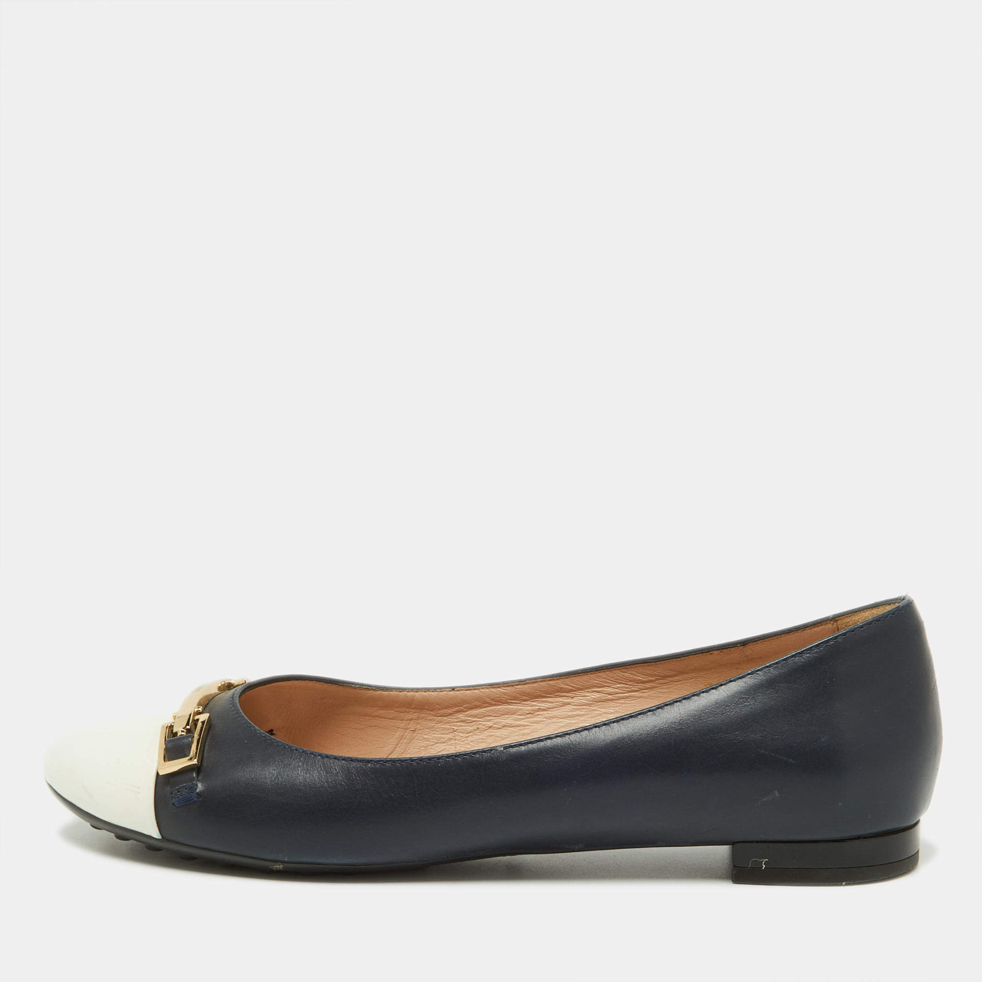 Pre Owned Tod's Blue/White Leather Cap Toe Ballet Flats Size 36.5