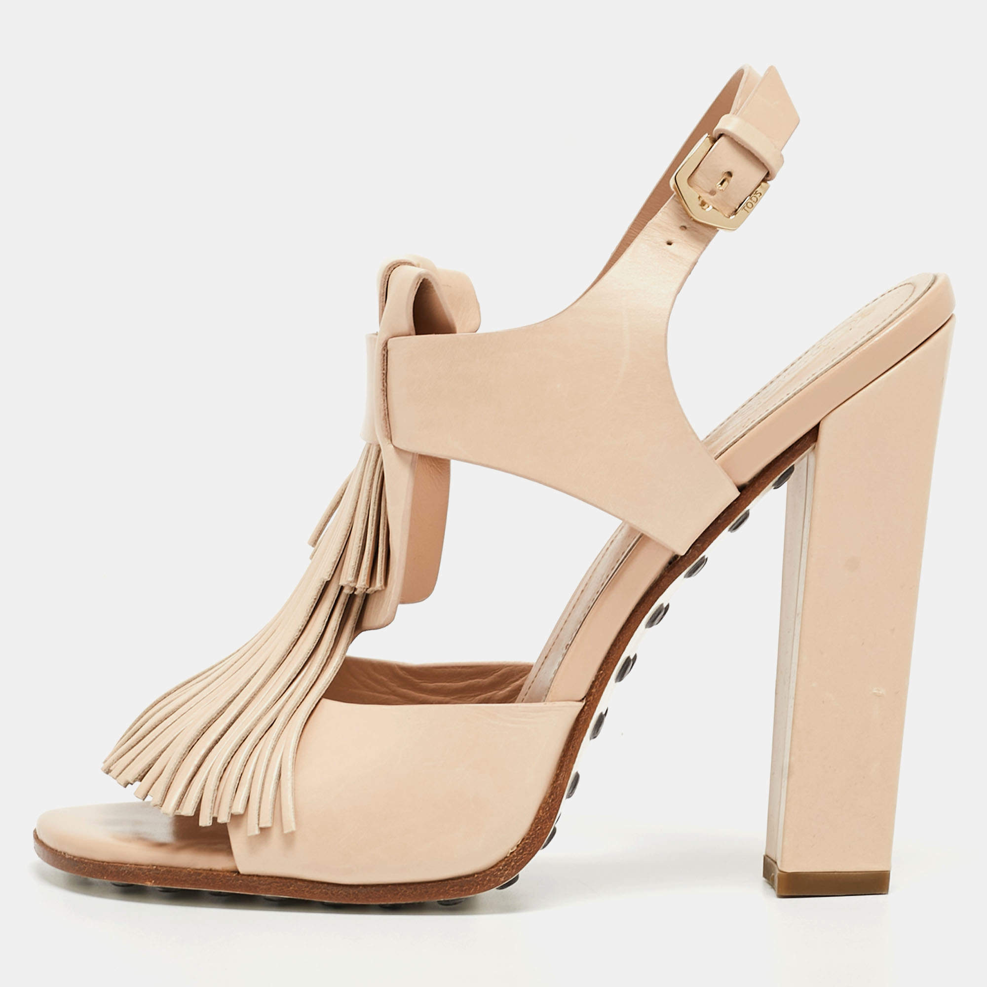 Pre Owned Tod's Beige Leather Fringe Ankle Strap Sandals Size 38