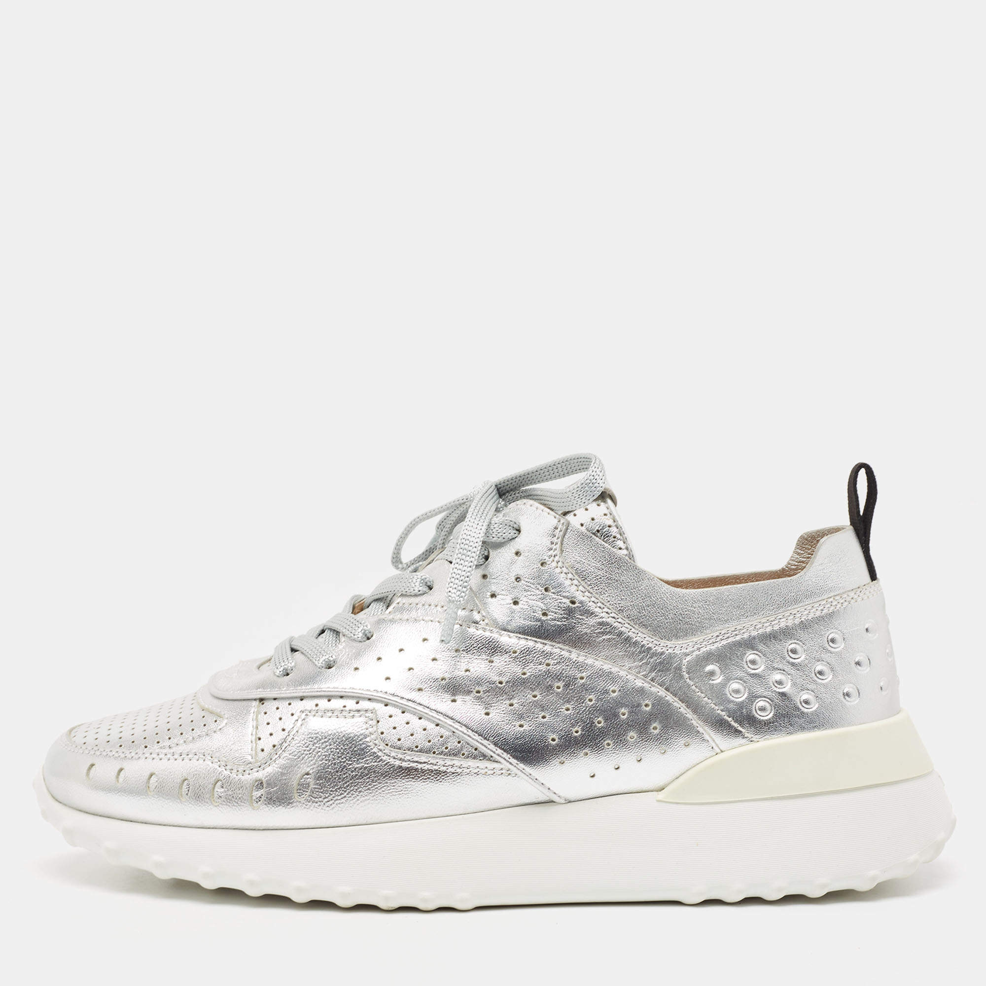 Pre Owned Tod's Silver Leather Drilled Low Top Sneakers Size 39.5
