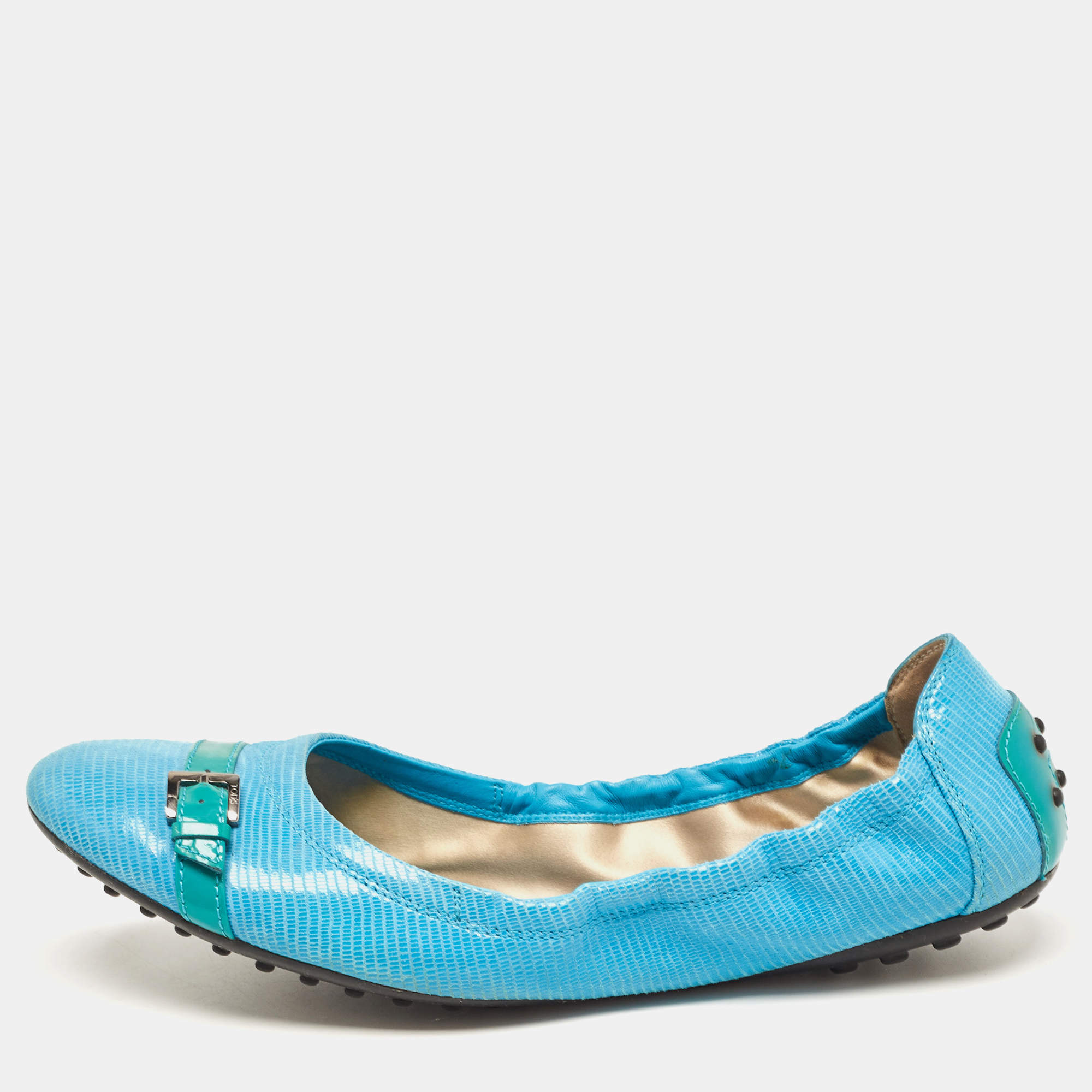 Pre Owned Tod's Blue Textured Suede Scrunch Ballet Flats Size 42