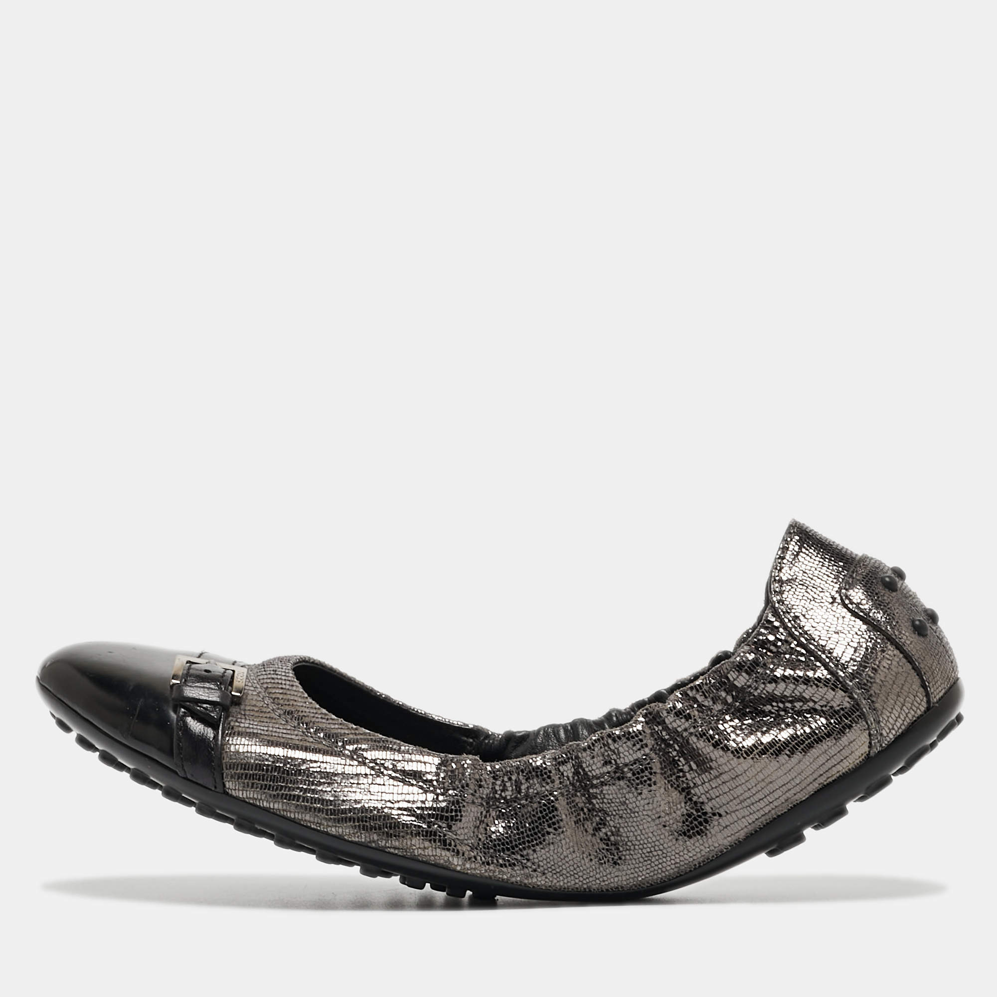 Tod's Sliver/Black Textured Suede and Leather Buckle Detail Scrunch Ballet Flats Size 38