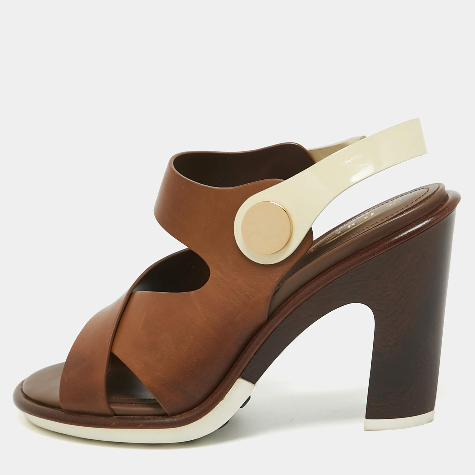 Tod's Brown/Cream Leather  Slingback Block Heel Sandals Size 37