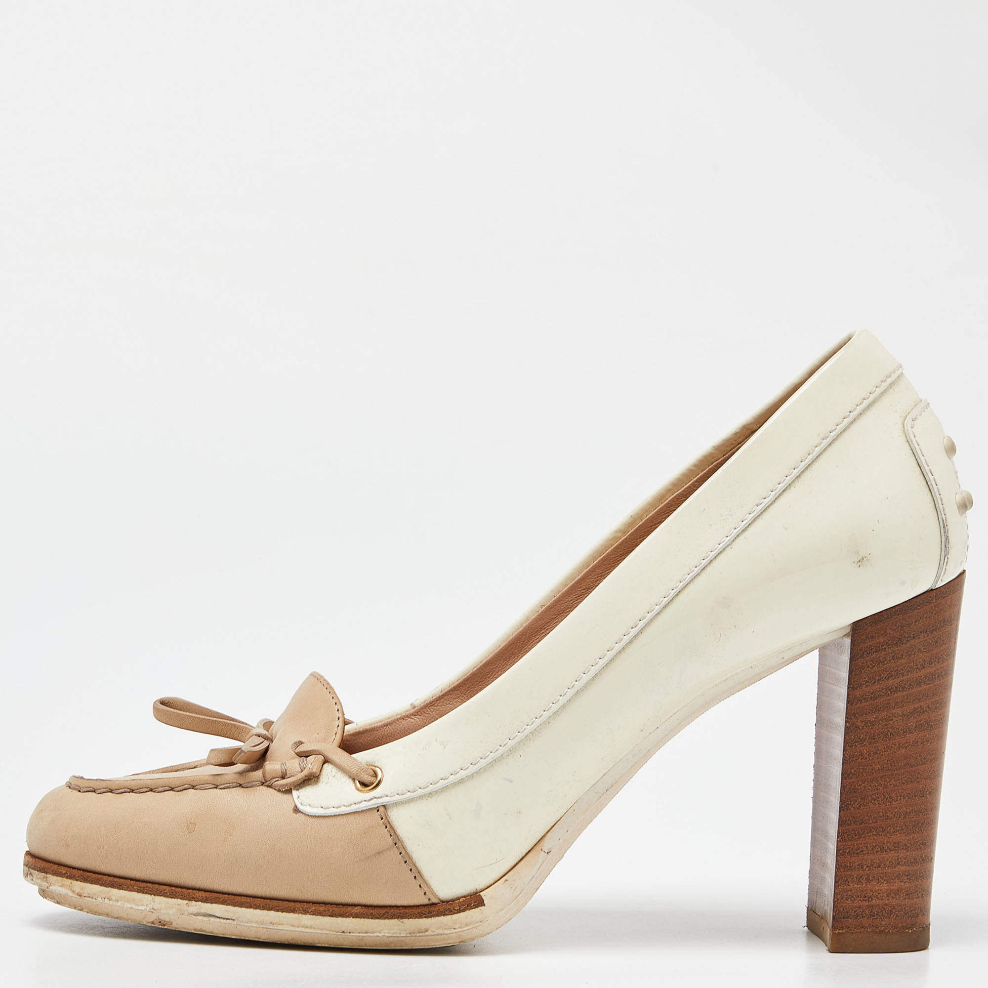 Tod's Two Tone Beige Leather and Patent Block Heel Pumps Size 38