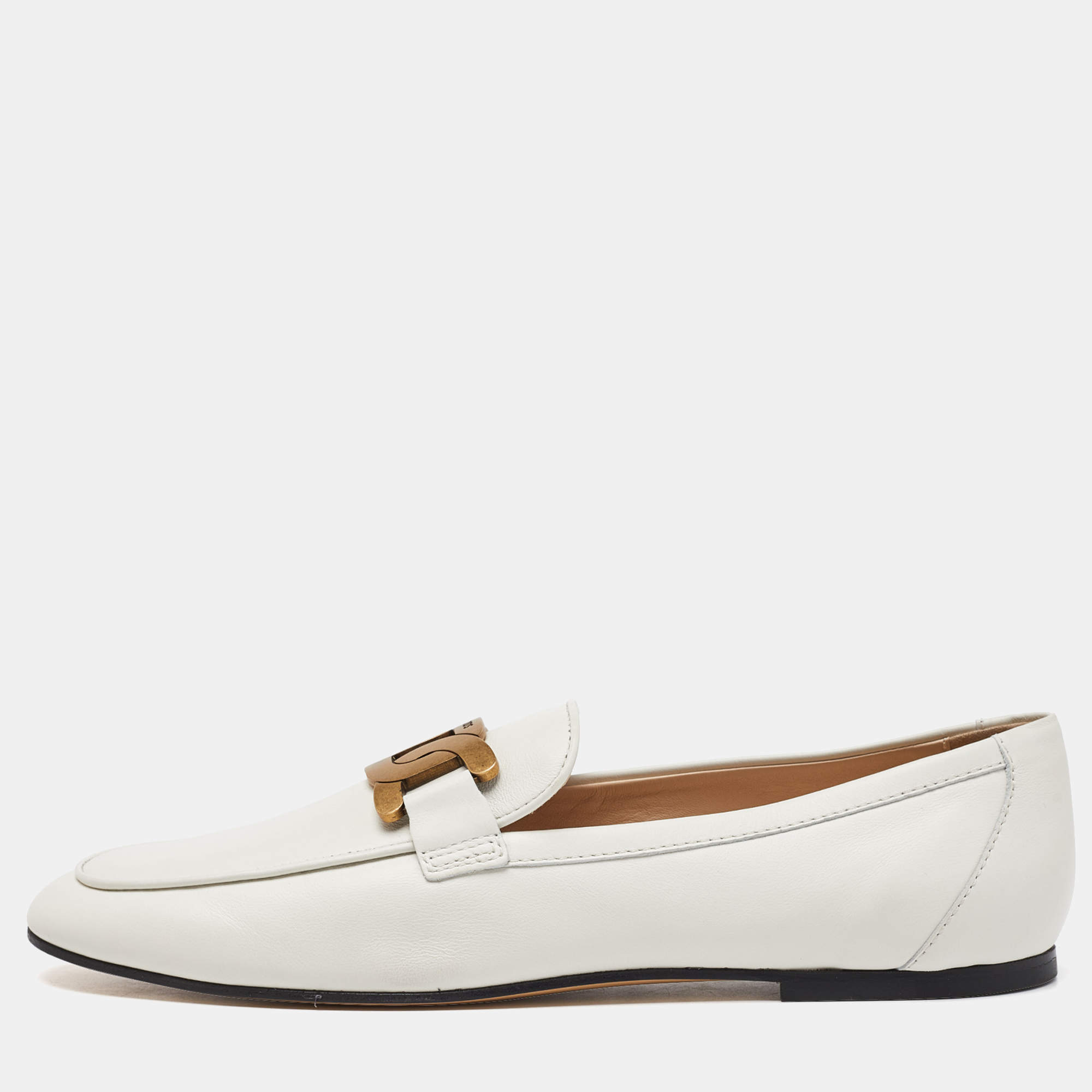 Pre Owned Tod's Off White Leather Kate Chain Loafers Size 42