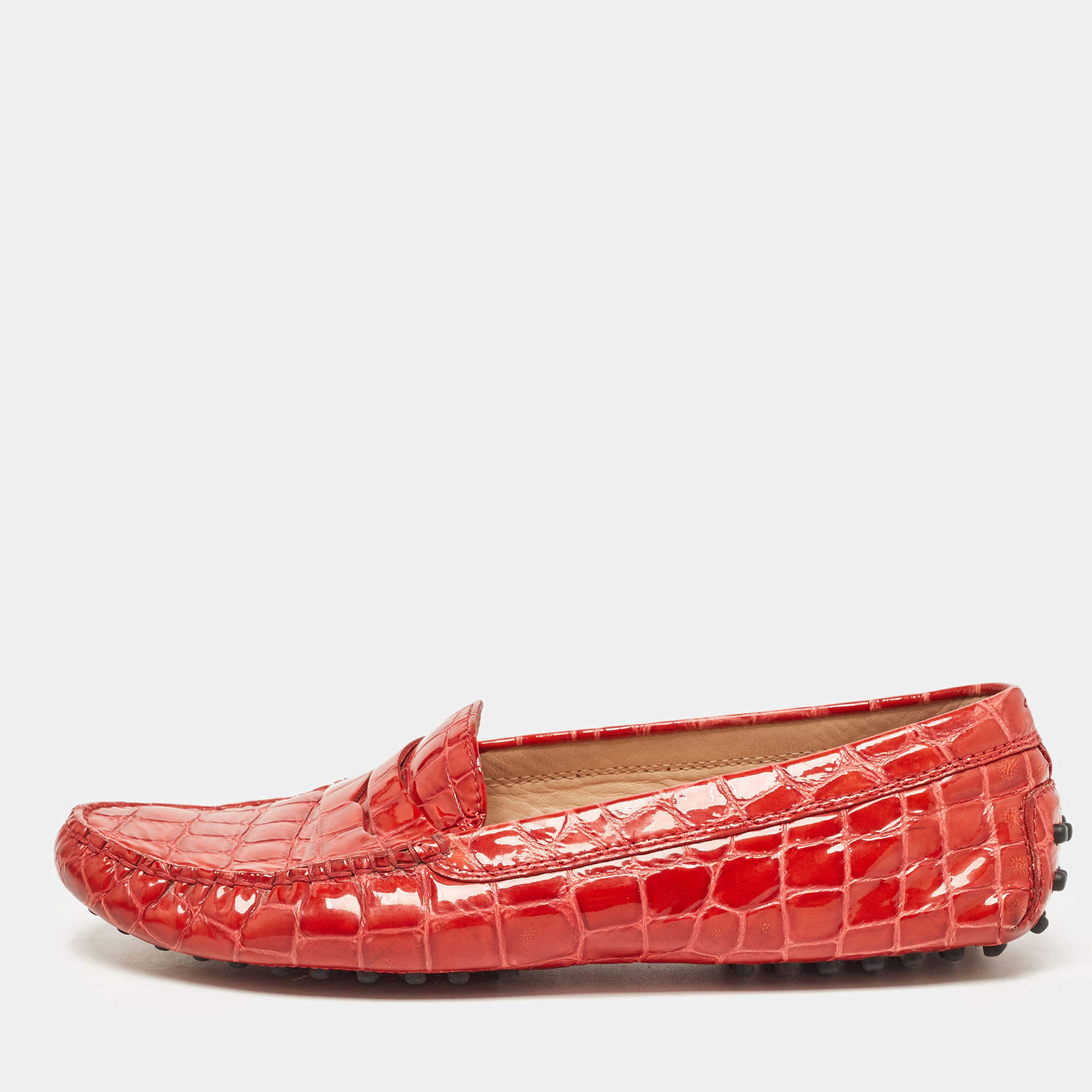 Pre Owned Tod's Red Croc Embossed Patent Leather Penny Loafers Size 39.5