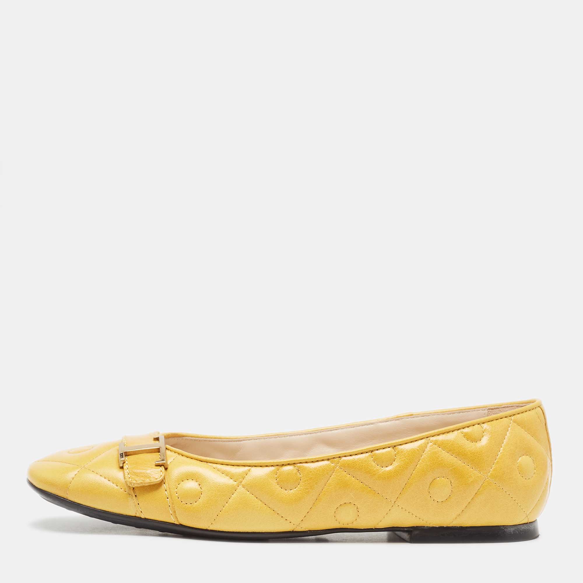 Pre Owned Tod's Yellow Quilted Leather Ballet Flats Size 39.5