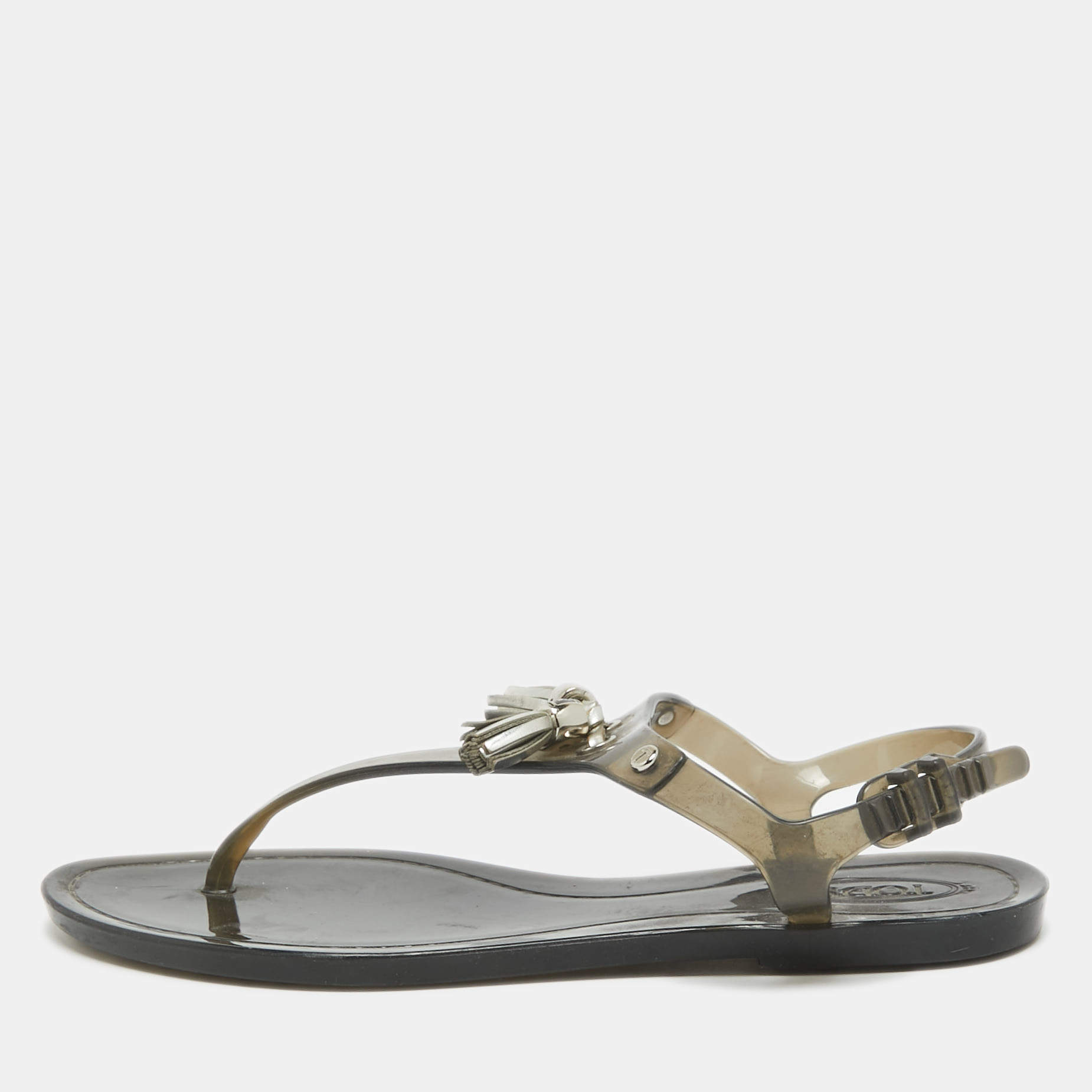 Pre Owned Tod's Black Rubber Slingback Thong Flats Size 37